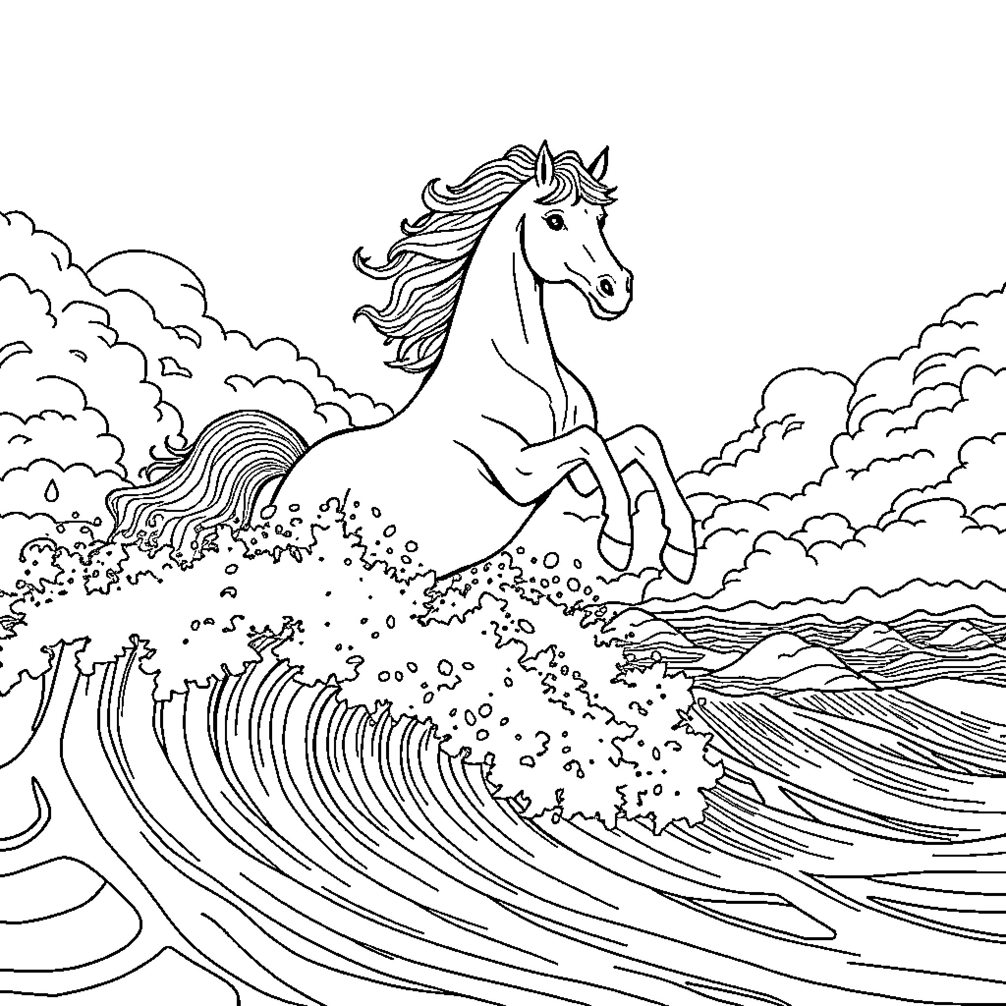 Horse galloping through majestic waves Coloring Page (free black-and-white line drawing printable PDF for all, from beginners to advanced learners, including children, teens, adults, and seniors)