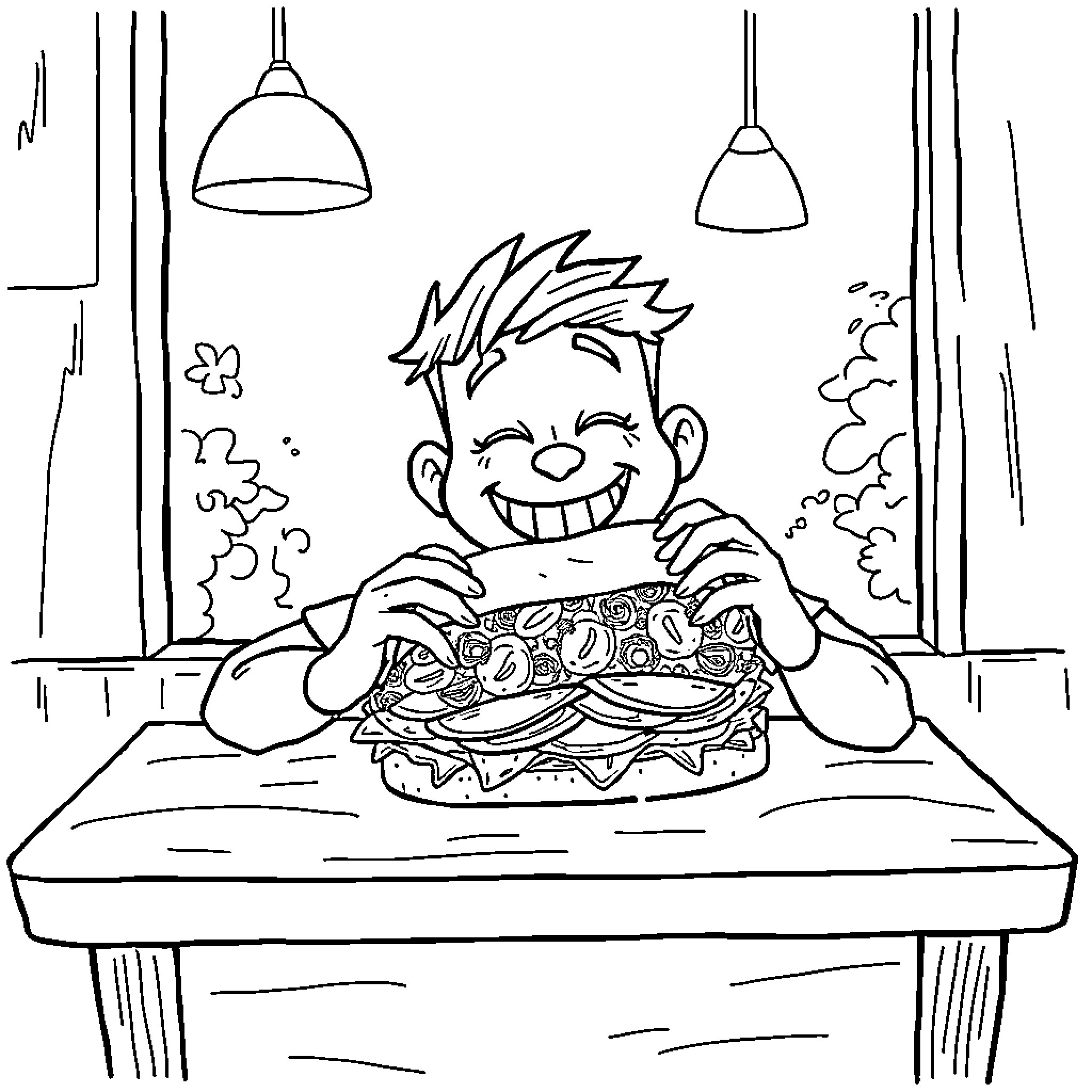 Yungblud enjoying a hearty meal with enthusiasm Coloring Page (free black-and-white line drawing printable PDF for all, from beginners to advanced learners, including children, teens, adults, and seniors)