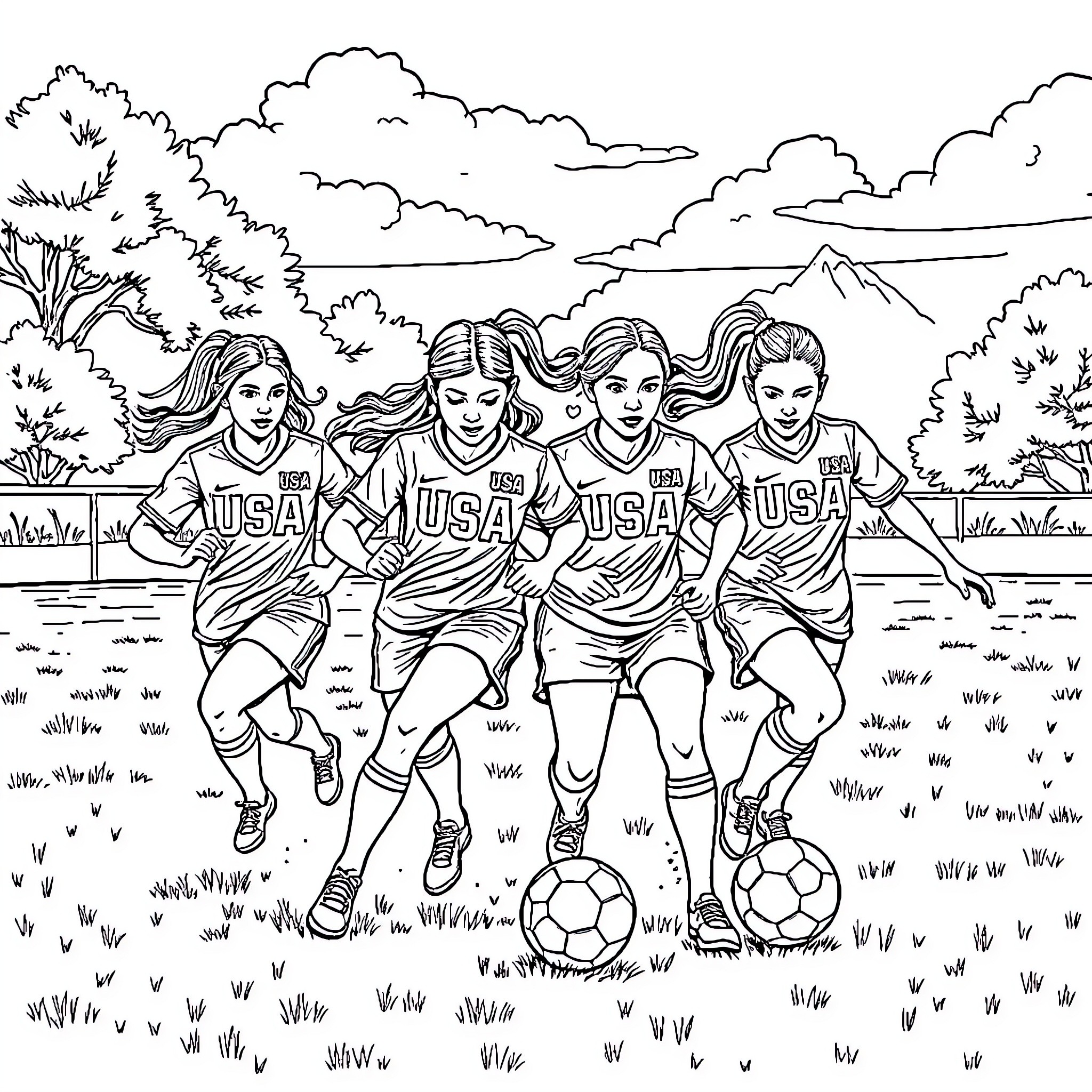 Girl soccer players running on field in uniform Coloring Page (free black-and-white line drawing printable PDF for all, from beginners to advanced learners, including children, teens, adults, and seniors)