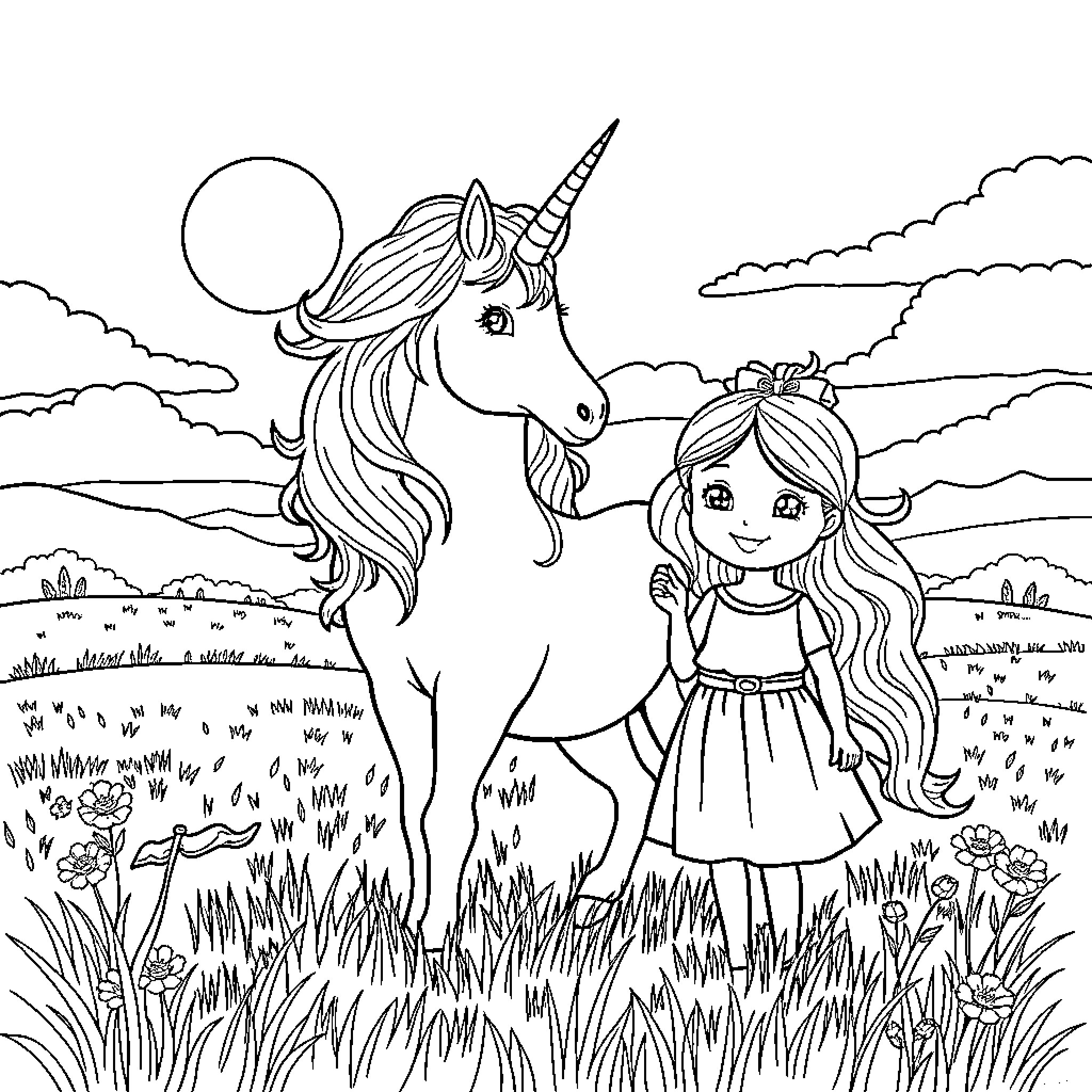 Unicorn and Girl Explore Enchanted Meadow Coloring Page (free black-and-white line drawing printable PDF for all, from beginners to advanced learners, including children, teens, adults, and seniors)