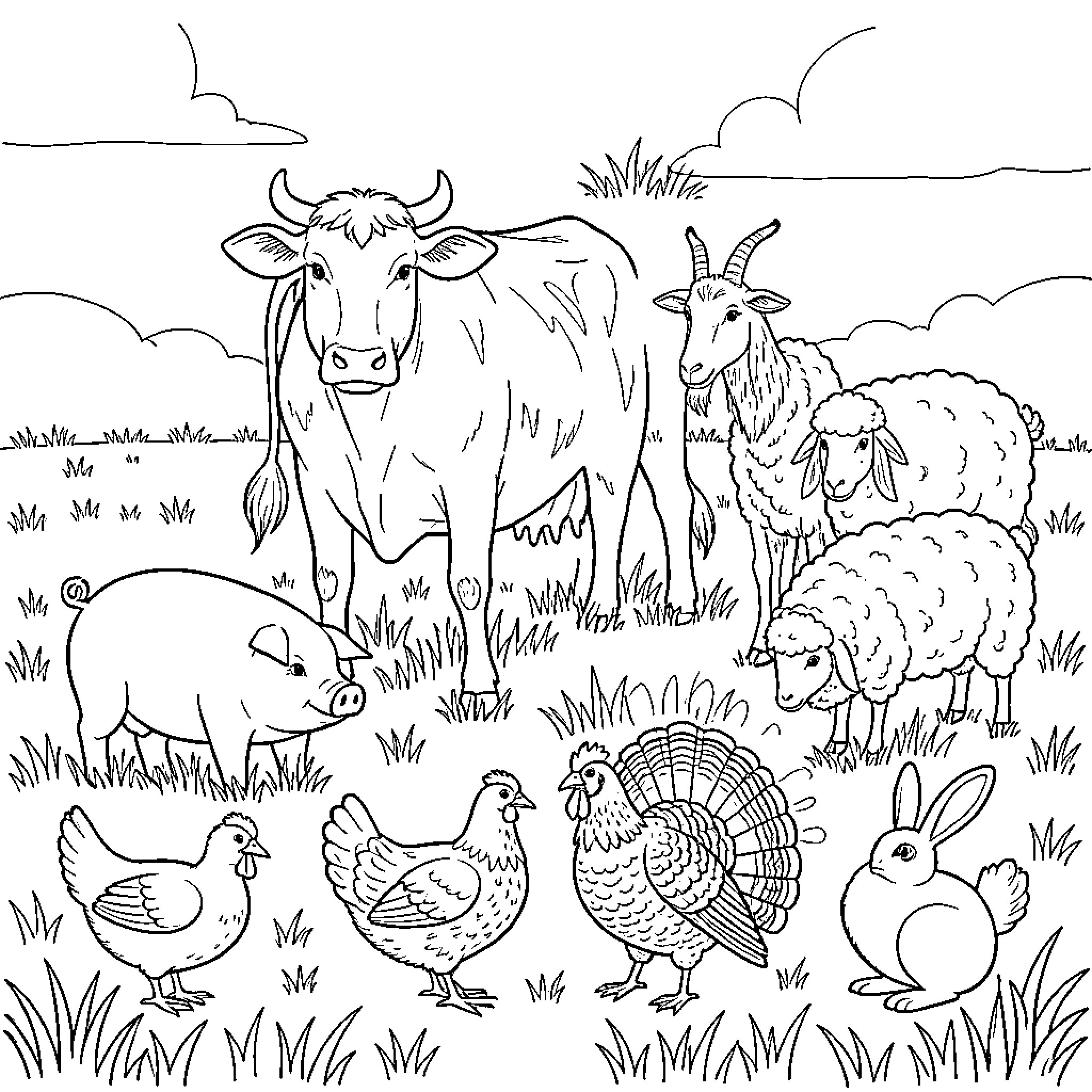 Cow standing with other farm animals in a field Coloring Page (free black-and-white line drawing printable PDF for all, from beginners to advanced learners, including children, teens, adults, and seniors)