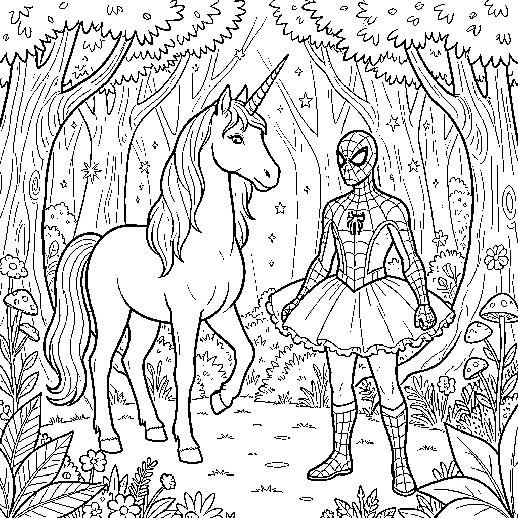Unicorn standing beside a superhero in a tutu Coloring Page (free black-and-white line drawing printable PDF for all, from beginners to advanced learners, including children, teens, adults, and seniors)