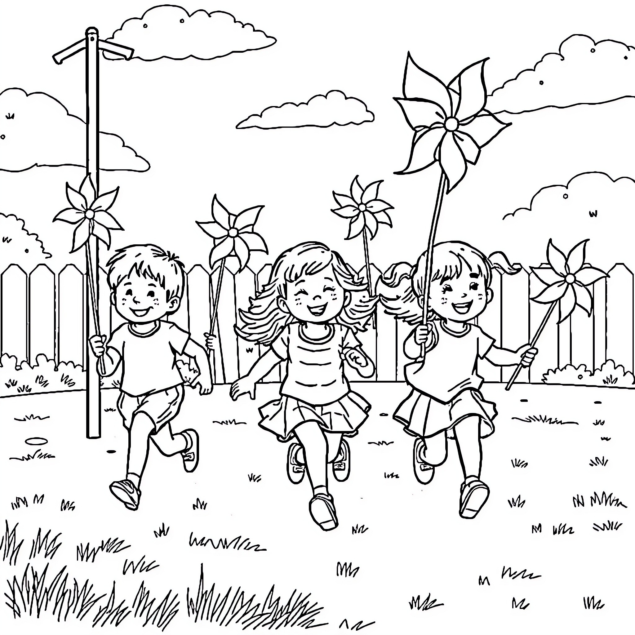 Children playing with pinwheels in the park Coloring Page (free black-and-white line drawing printable PDF for all, from beginners to advanced learners, including children, teens, adults, and seniors)