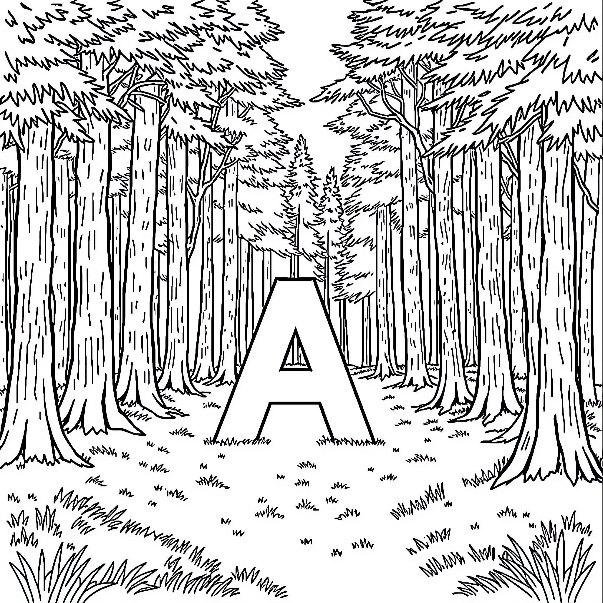 Letter A in a Dense Forest Landscape Coloring Page (free black-and-white line drawing printable PDF for all, from beginners to advanced learners, including children, teens, adults, and seniors)