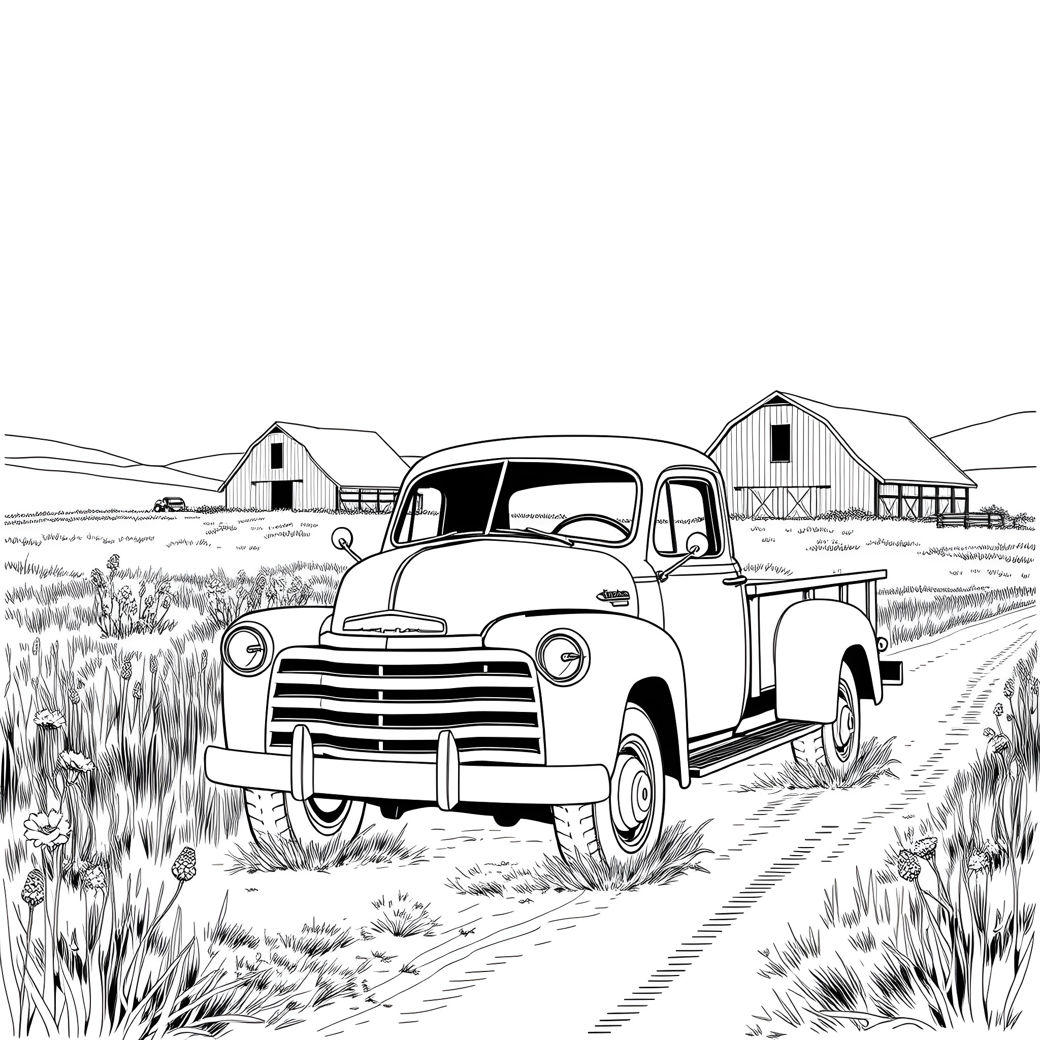Truck parked in rural farm field with barns Coloring Page (free black-and-white line drawing printable PDF for all, from beginners to advanced learners, including children, teens, adults, and seniors)