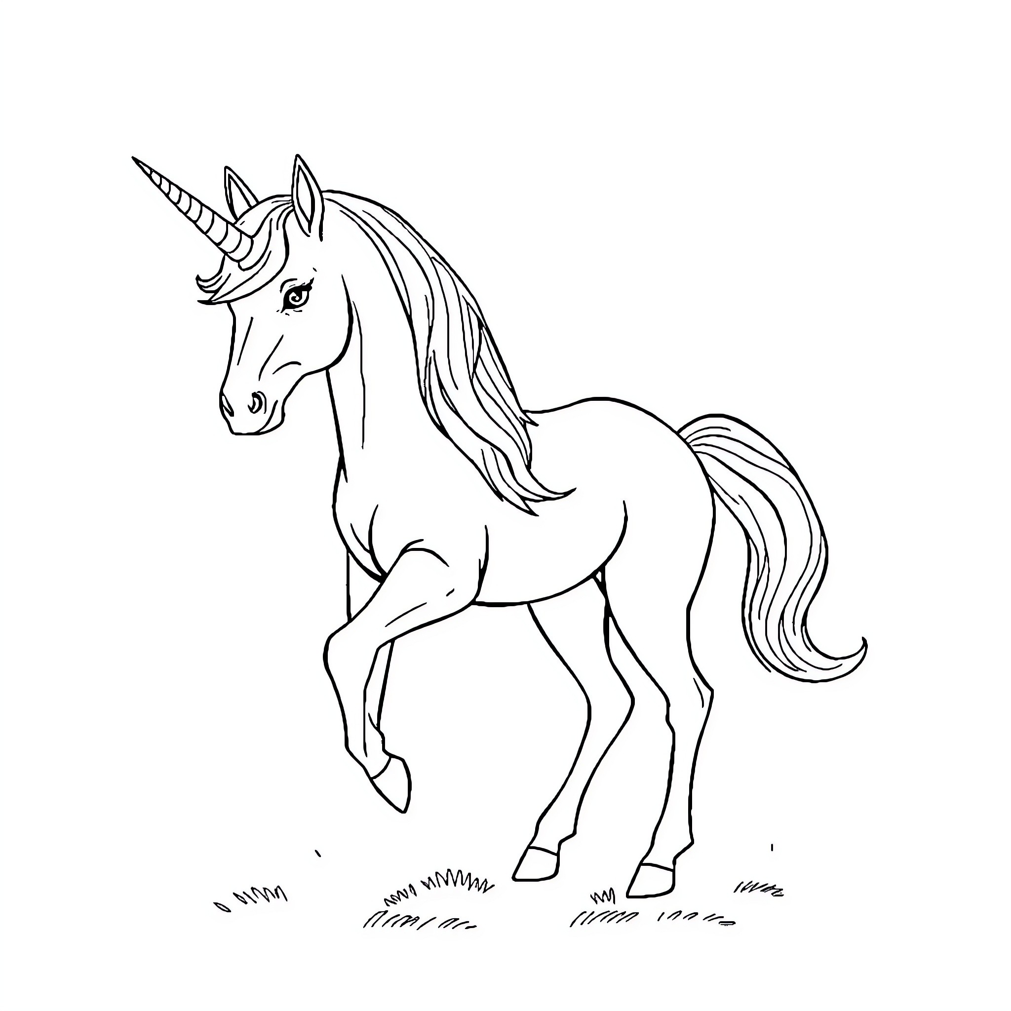 Unicorn galloping gracefully through the meadow Coloring Page (free black-and-white line drawing printable PDF for all, from beginners to advanced learners, including children, teens, adults, and seniors)