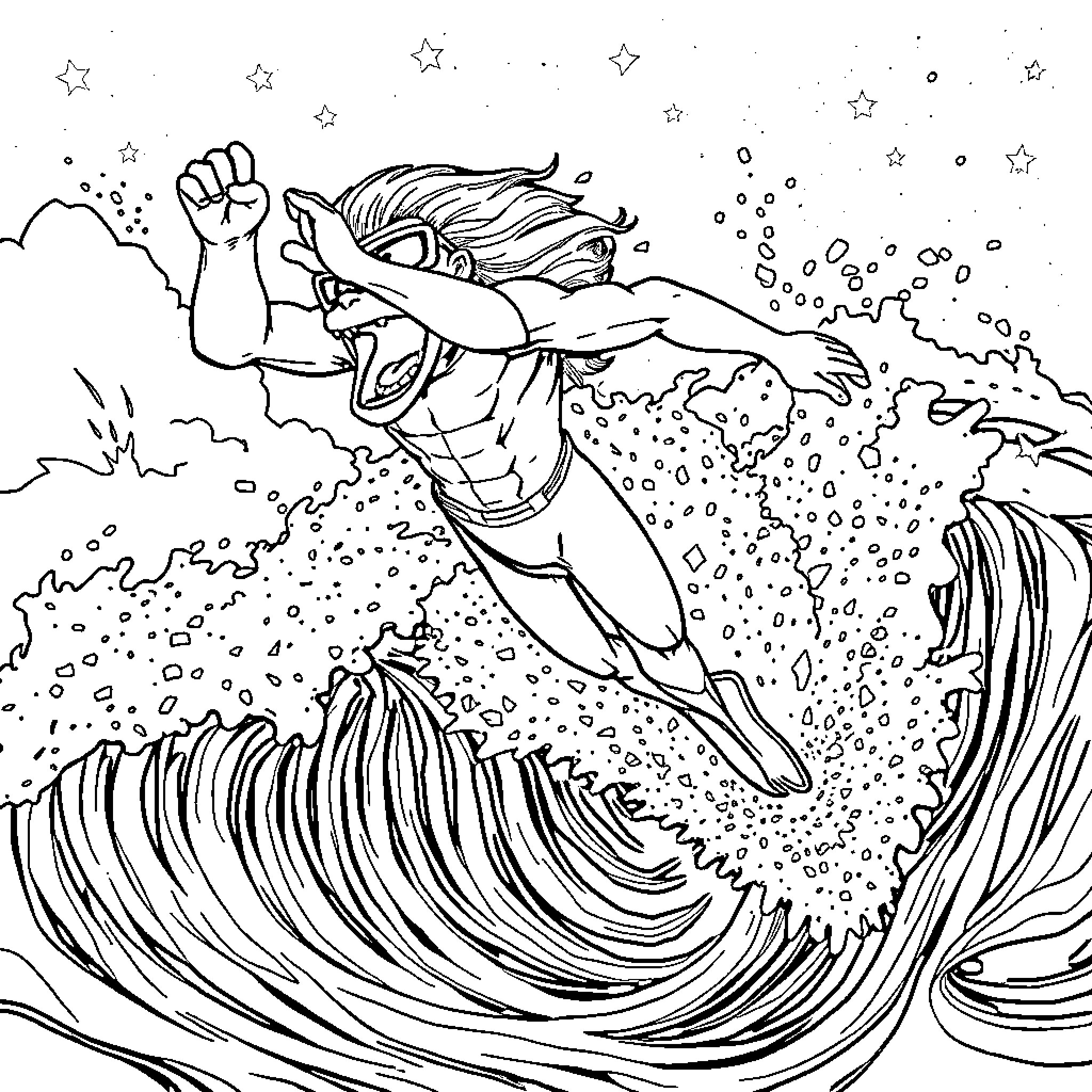 Kazoom! Surfer rides massive wave amid stars and splashes Coloring Page (free black-and-white line drawing printable PDF for all, from beginners to advanced learners, including children, teens, adults, and seniors)