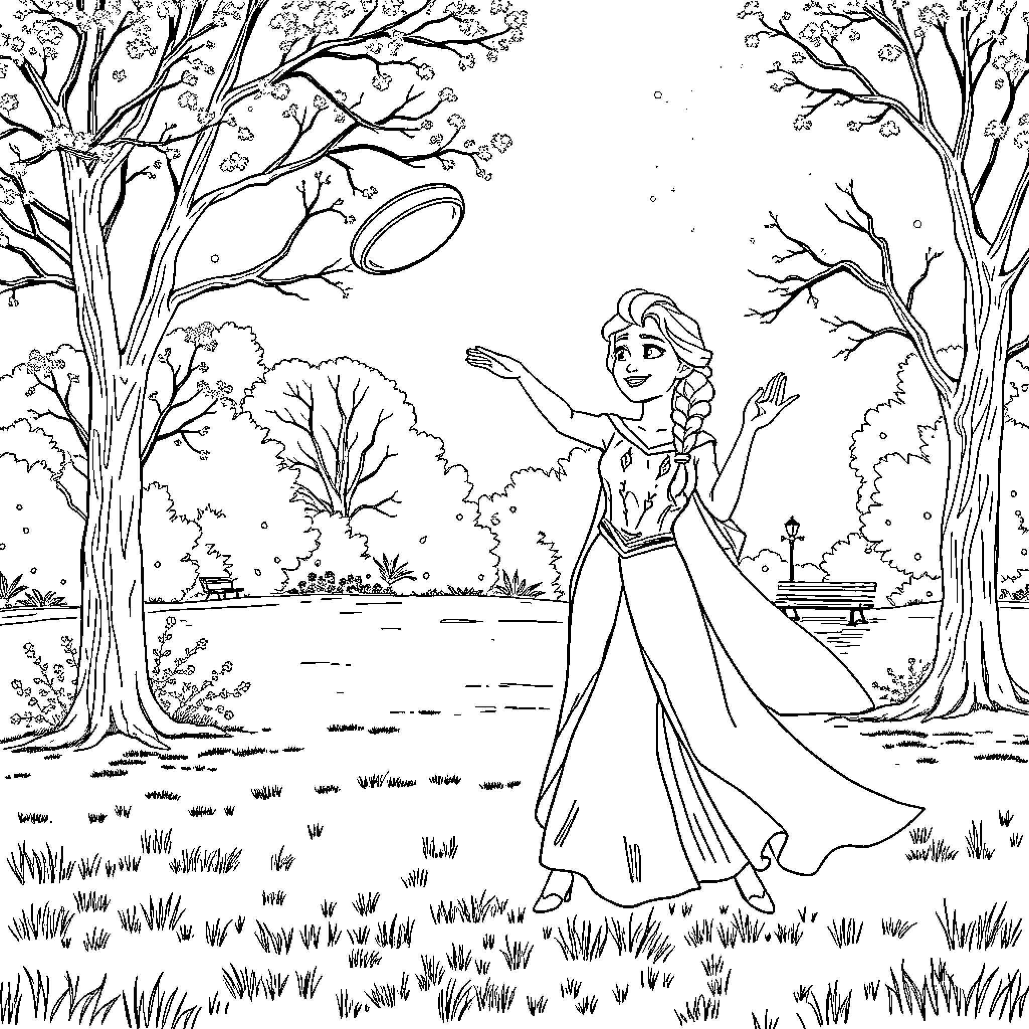 Elsa exploring the enchanted forest Coloring Page (free black-and-white line drawing printable PDF for all, from beginners to advanced learners, including children, teens, adults, and seniors)
