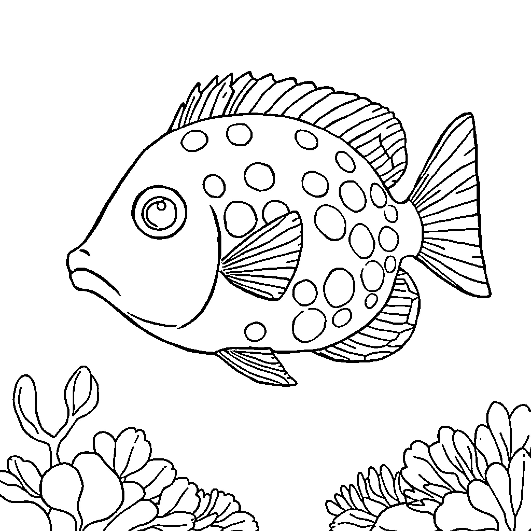 Puffer Fish swimming amidst coral reef Coloring Page (free black-and-white line drawing printable PDF for all, from beginners to advanced learners, including children, teens, adults, and seniors)