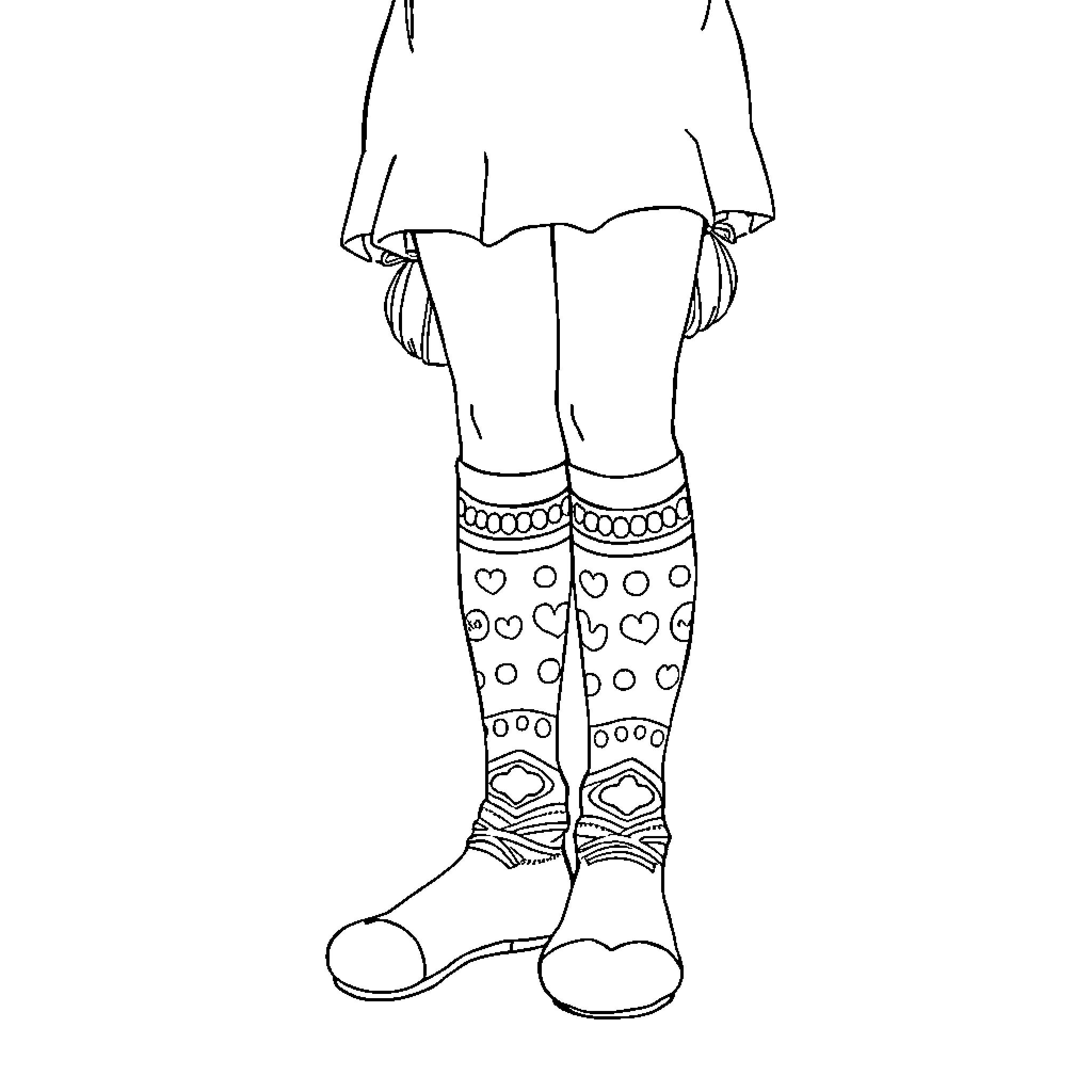 Girl in Playful Heart-Patterned Outfit Coloring Page (free black-and-white line drawing printable PDF for all, from beginners to advanced learners, including children, teens, adults, and seniors)