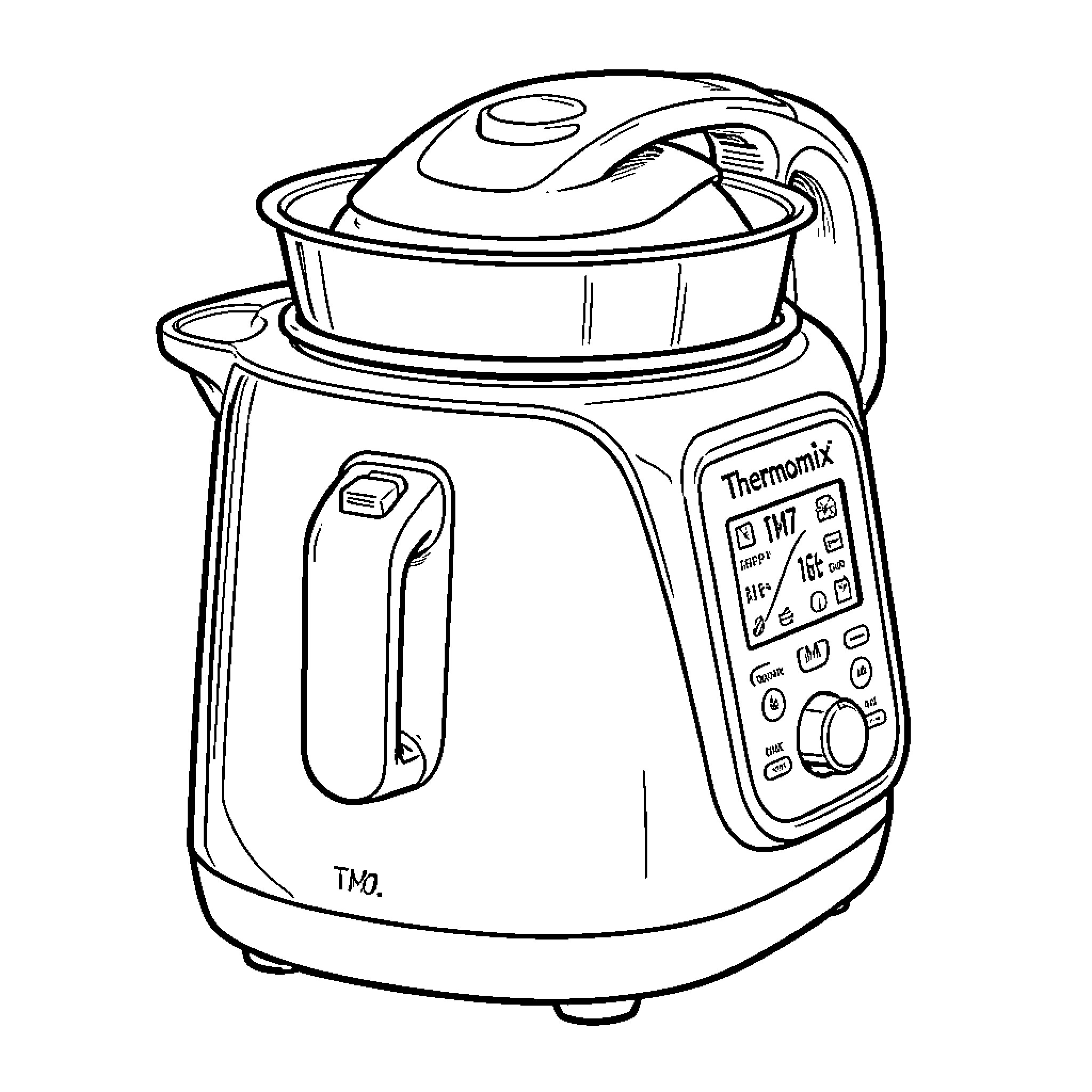 Thermomix kitchen appliance with controls Coloring Page (free black-and-white line drawing printable PDF for all, from beginners to advanced learners, including children, teens, adults, and seniors)