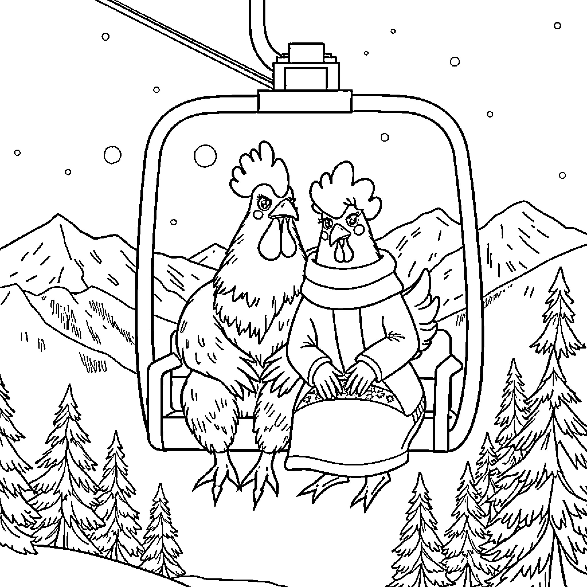 Chicken riding on a ski lift in winter wonderland Coloring Page (free black-and-white line drawing printable PDF for all, from beginners to advanced learners, including children, teens, adults, and seniors)