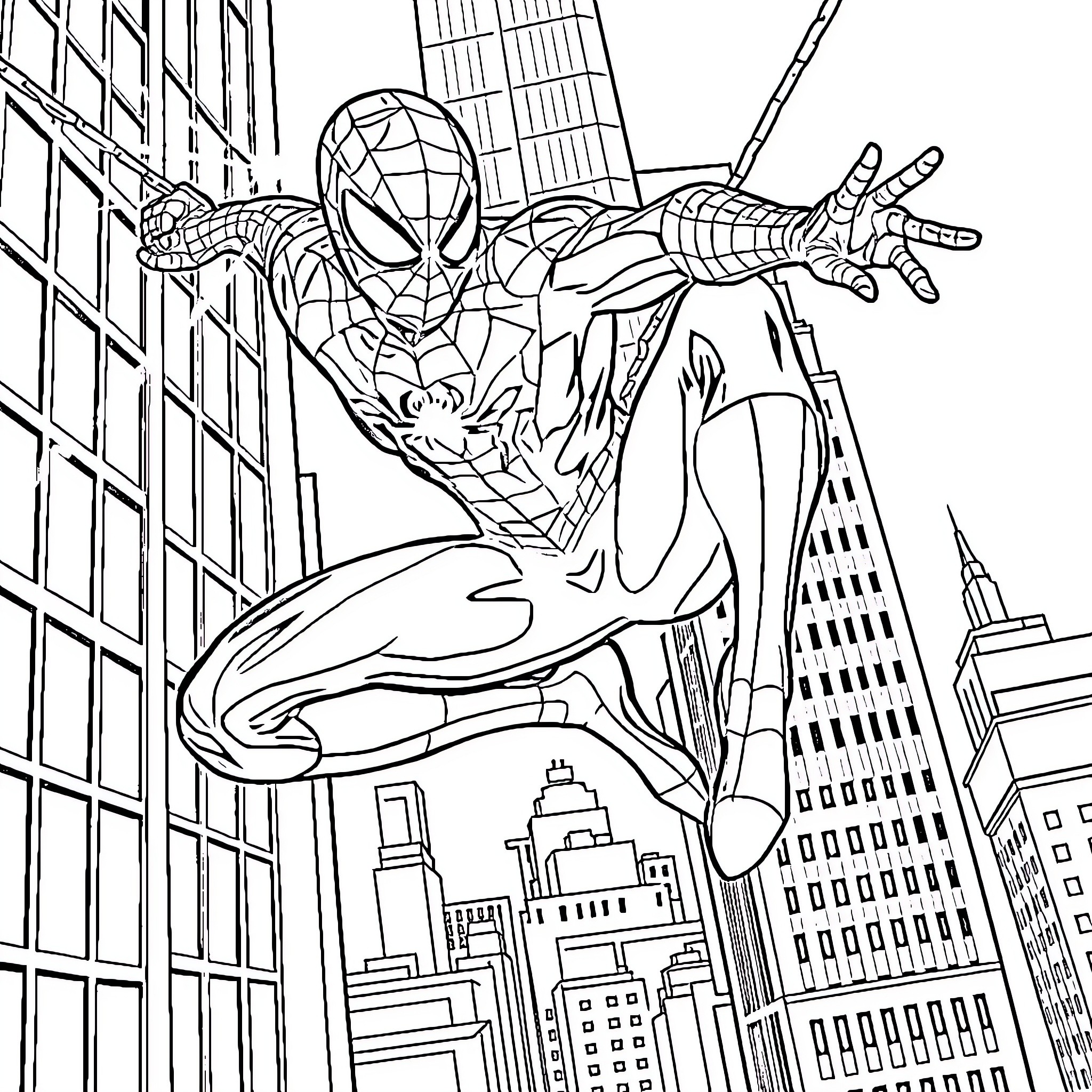 Spider-Man swinging through the city skyline Coloring Page (free black-and-white line drawing printable PDF for all, from beginners to advanced learners, including children, teens, adults, and seniors)
