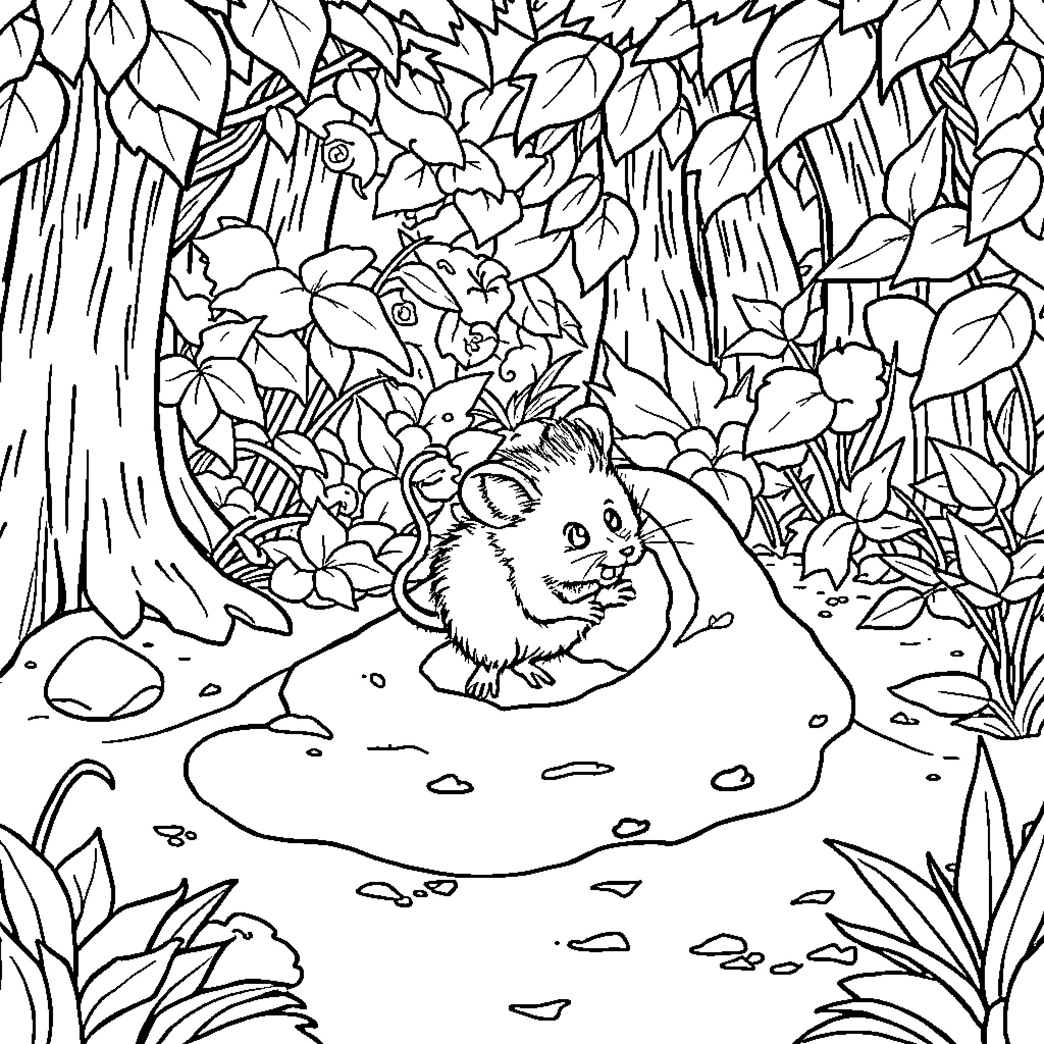 Mouse exploring the lush forest landscape Coloring Page (free black-and-white line drawing printable PDF for all, from beginners to advanced learners, including children, teens, adults, and seniors)