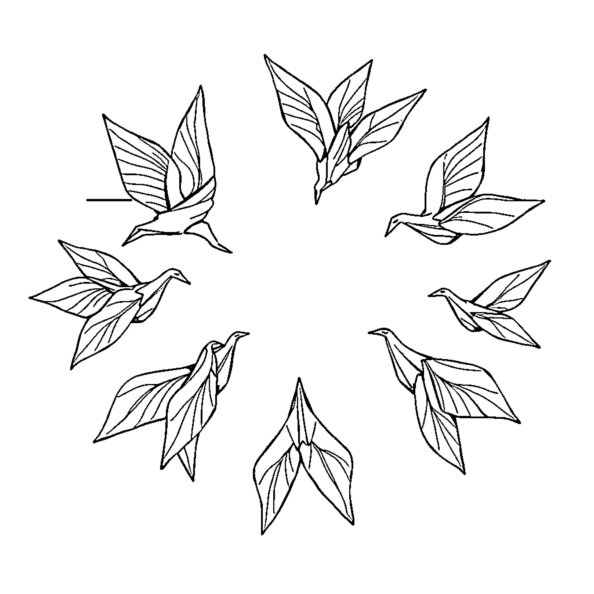Crane-like abstract bird shapes in flight Coloring Page (free black-and-white line drawing printable PDF for all, from beginners to advanced learners, including children, teens, adults, and seniors)