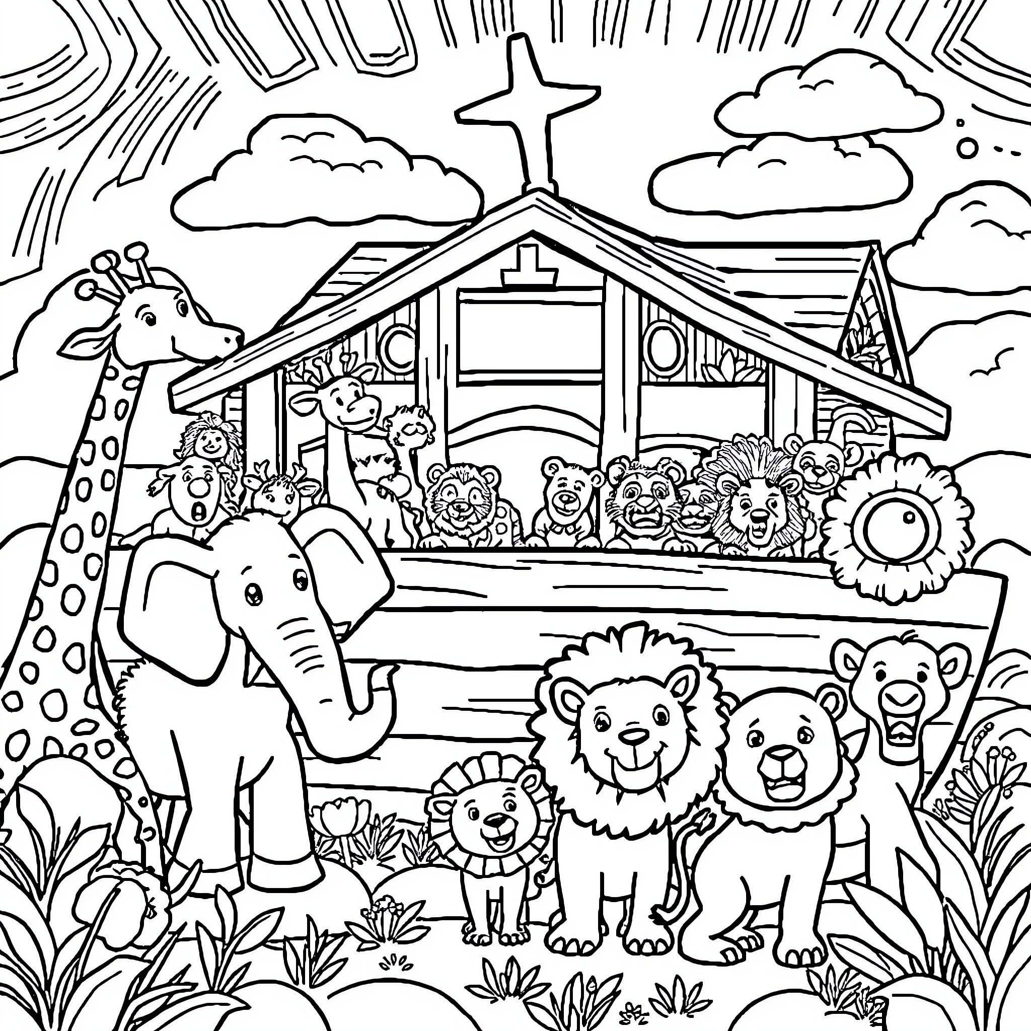 Noah's Ark with Animals and Church Building Coloring Page (free black-and-white line drawing printable PDF for all, from beginners to advanced learners, including children, teens, adults, and seniors)