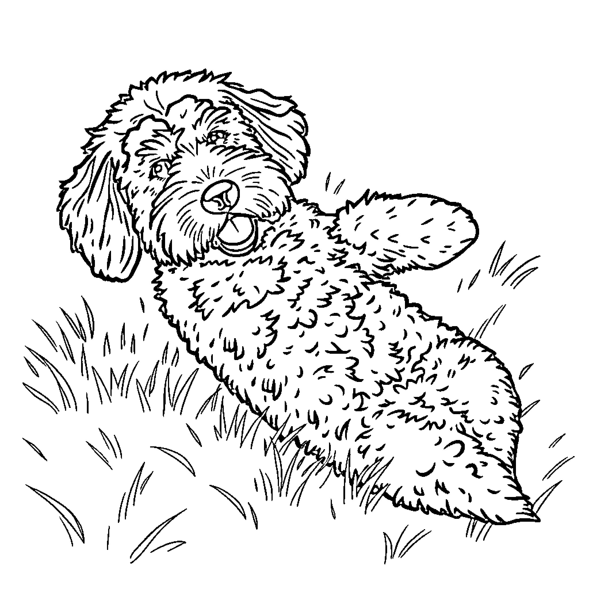 Labradoodle playing in the grass Coloring Page (free black-and-white line drawing printable PDF for all, from beginners to advanced learners, including children, teens, adults, and seniors)