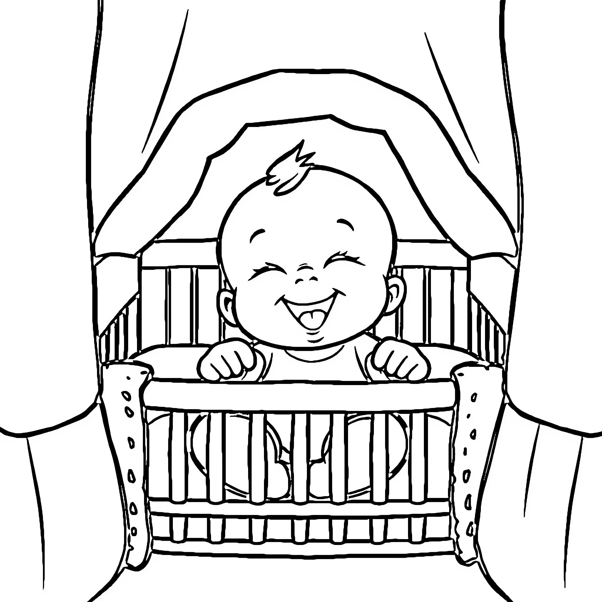 Baby enjoying playtime in crib Coloring Page (free black-and-white line drawing printable PDF for all, from beginners to advanced learners, including children, teens, adults, and seniors)