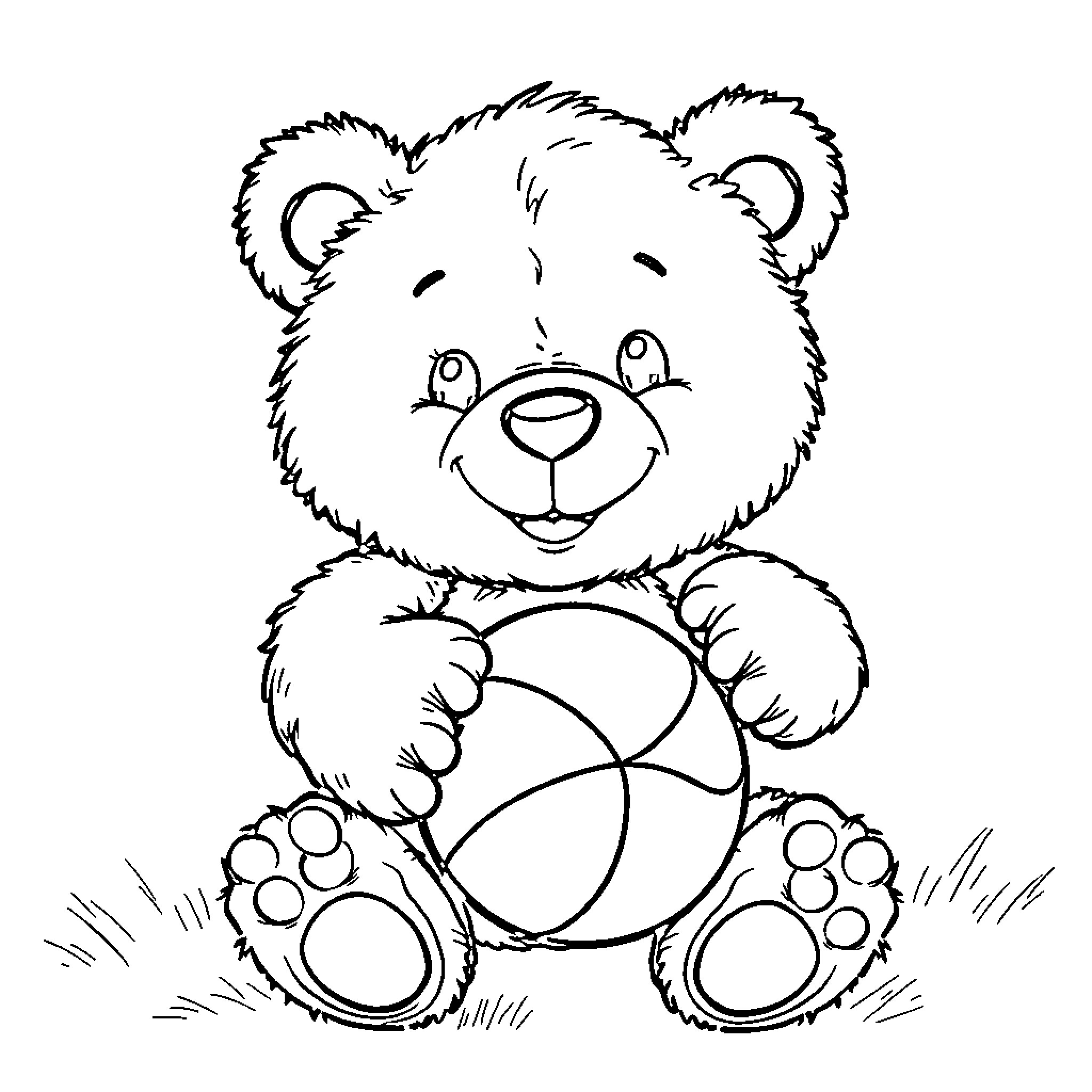Teddy Bear playing with a ball Coloring Page (free black-and-white line drawing printable PDF for all, from beginners to advanced learners, including children, teens, adults, and seniors)