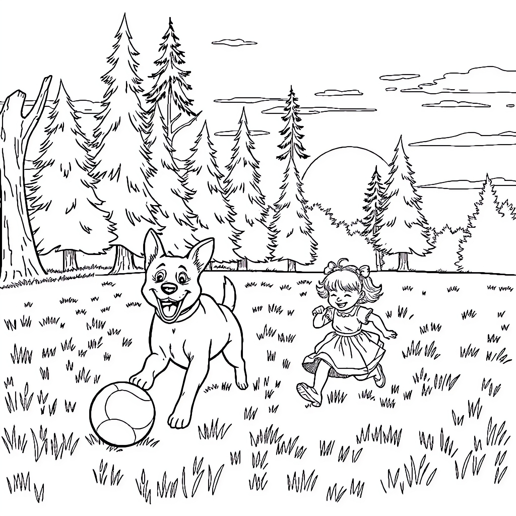 Dog playing fetch with girl in forest Coloring Page (free black-and-white line drawing printable PDF for all, from beginners to advanced learners, including children, teens, adults, and seniors)