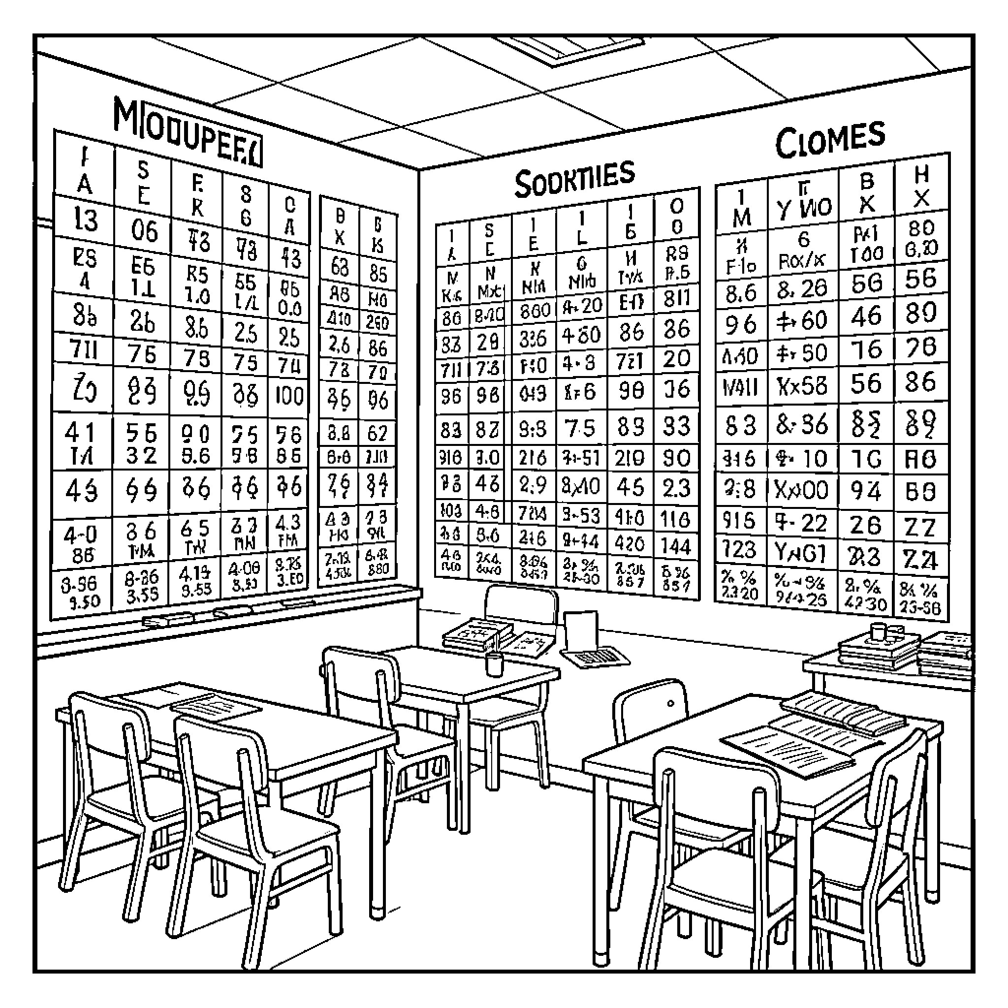 Multiplication Tables Displayed in a Classroom Setting Coloring Page (free black-and-white line drawing printable PDF for all, from beginners to advanced learners, including children, teens, adults, and seniors)