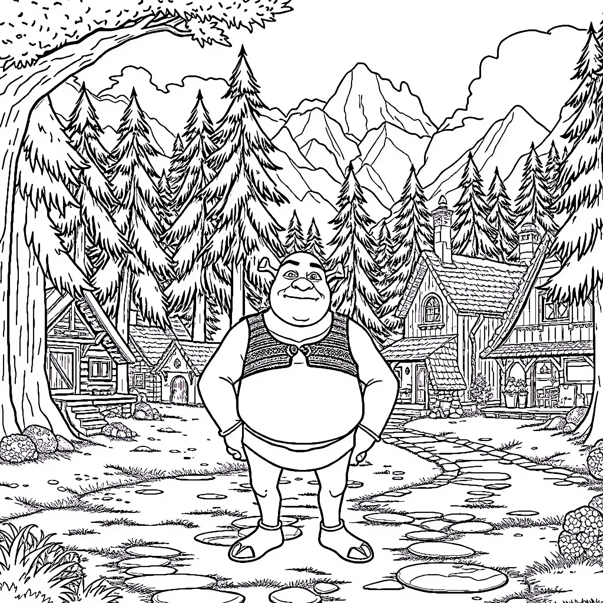 Shrek's Enchanting Adventure in the Fairytale Forest Coloring Page (free black-and-white line drawing printable PDF for all, from beginners to advanced learners, including children, teens, adults, and seniors)