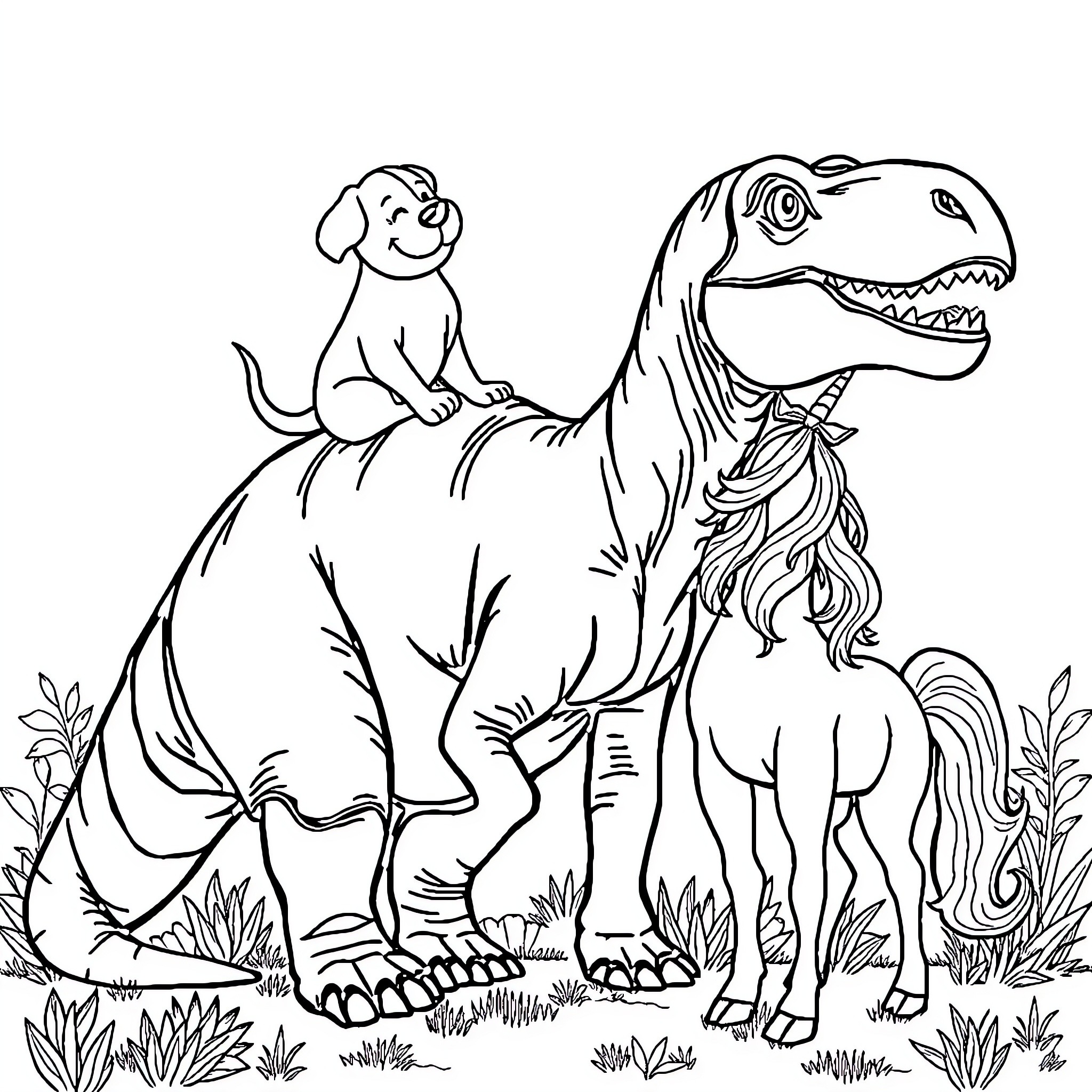 Dog riding playfully on dinosaur in nature Coloring Page (free black-and-white line drawing printable PDF for all, from beginners to advanced learners, including children, teens, adults, and seniors)