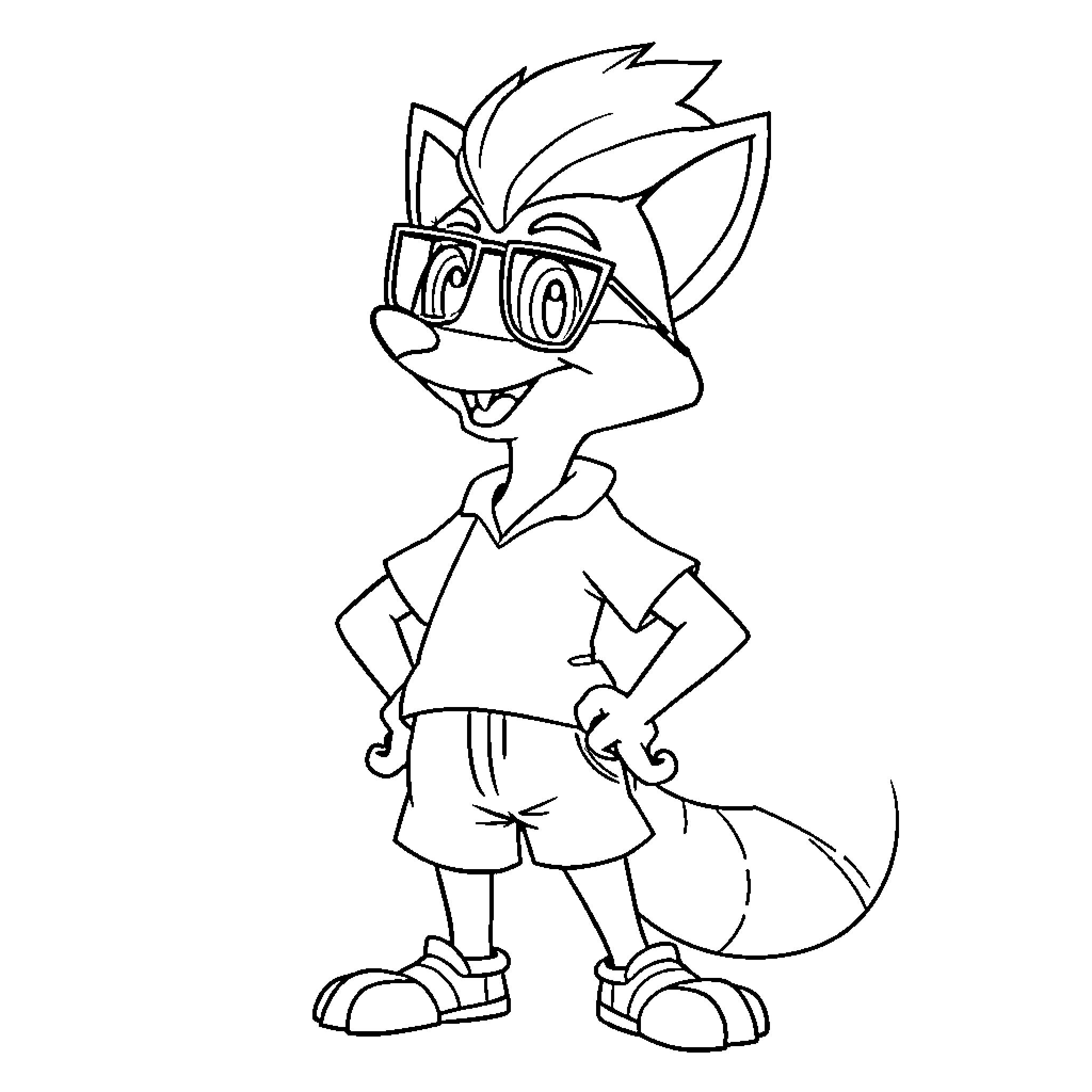 Coco Bandicoot in casual outfit with glasses Coloring Page (free black-and-white line drawing printable PDF for all, from beginners to advanced learners, including children, teens, adults, and seniors)