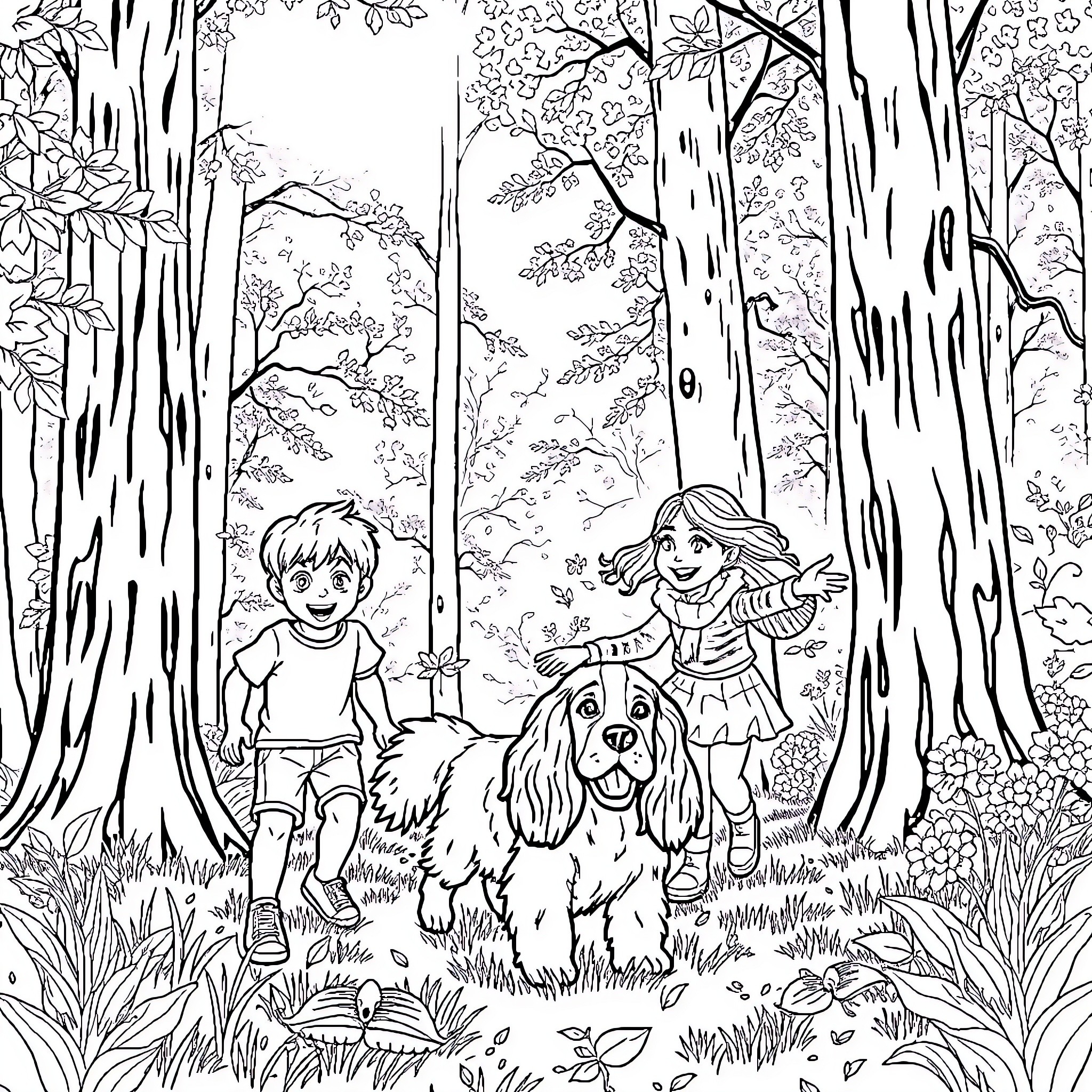 Dog and children exploring the enchanting forest Coloring Page (free black-and-white line drawing printable PDF for all, from beginners to advanced learners, including children, teens, adults, and seniors)