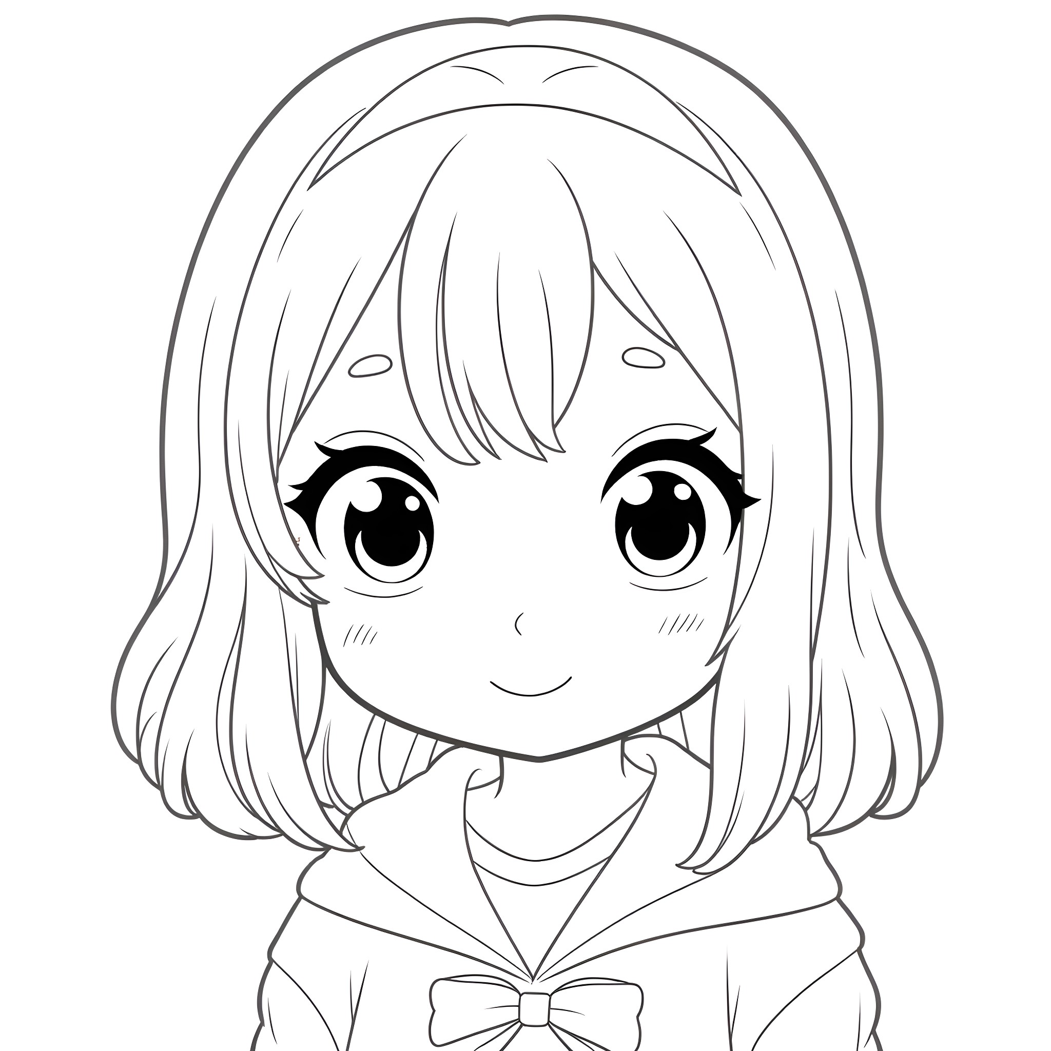 Anime Girl with Cute Facial Expression Coloring Page (free black-and-white line drawing printable PDF for all, from beginners to advanced learners, including children, teens, adults, and seniors)