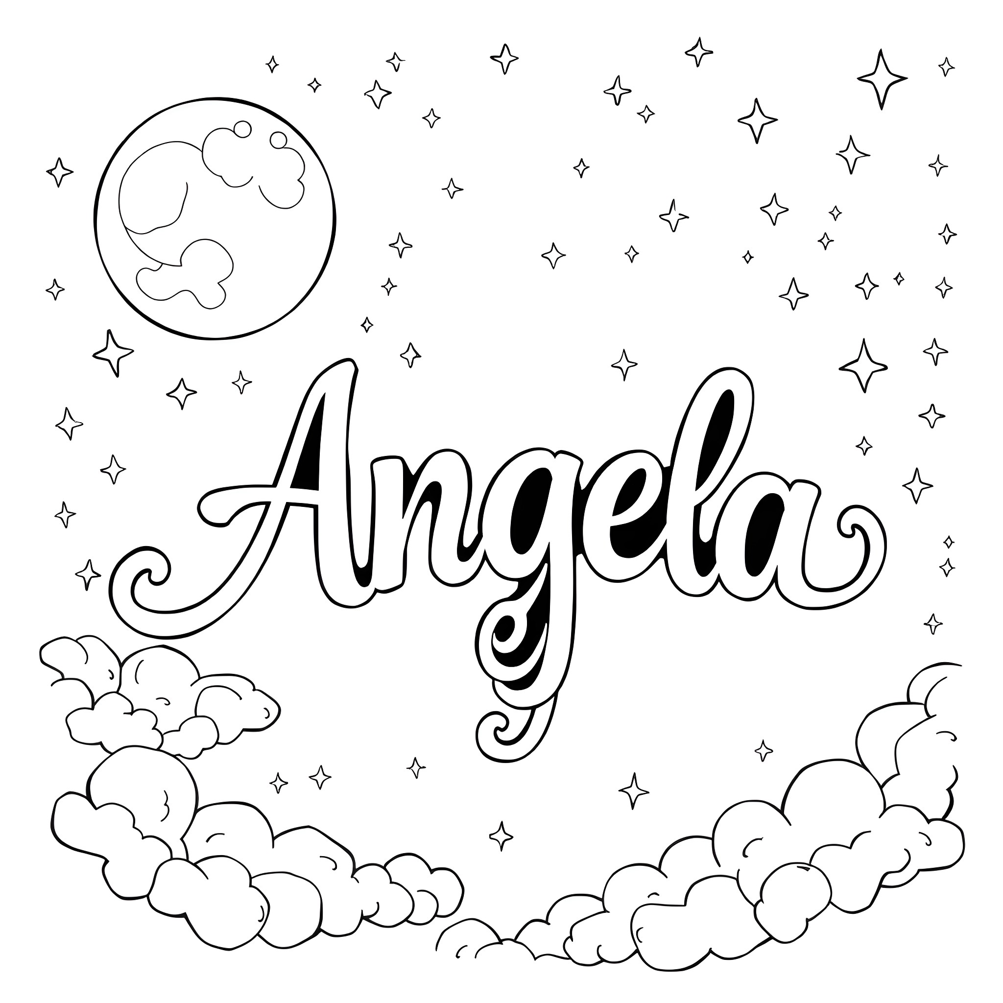 Angela floating among the stars and clouds Coloring Page (free black-and-white line drawing printable PDF for all, from beginners to advanced learners, including children, teens, adults, and seniors)