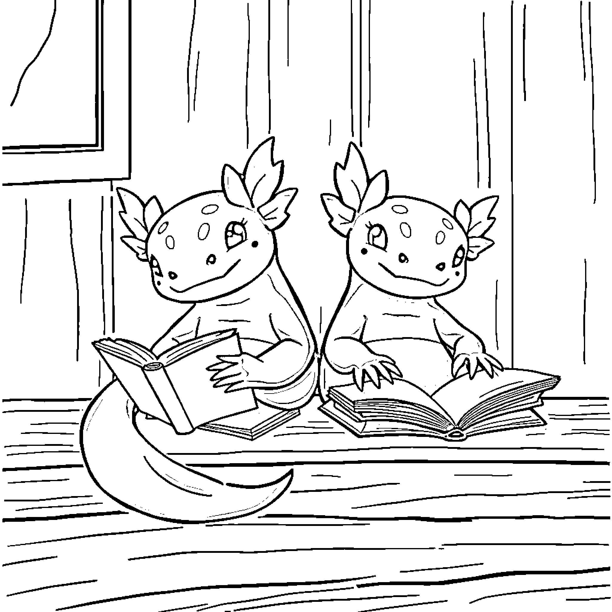 Axolotls Reading Books Together Coloring Page (free black-and-white line drawing printable PDF for all, from beginners to advanced learners, including children, teens, adults, and seniors)