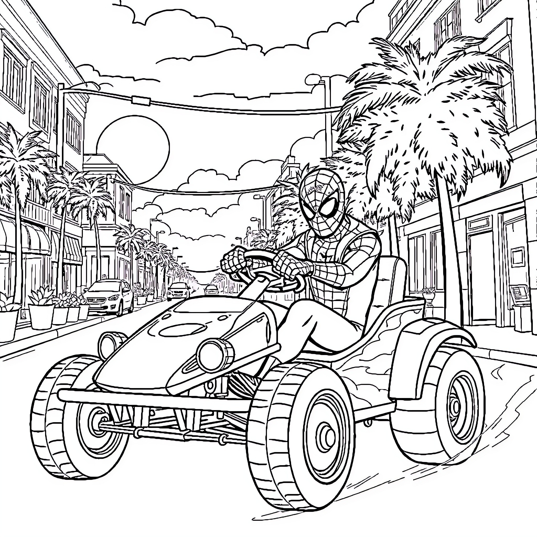 Spiderman racing in a futuristic vehicle on a sunny city street Coloring Page (free black-and-white line drawing printable PDF for all, from beginners to advanced learners, including children, teens, adults, and seniors)