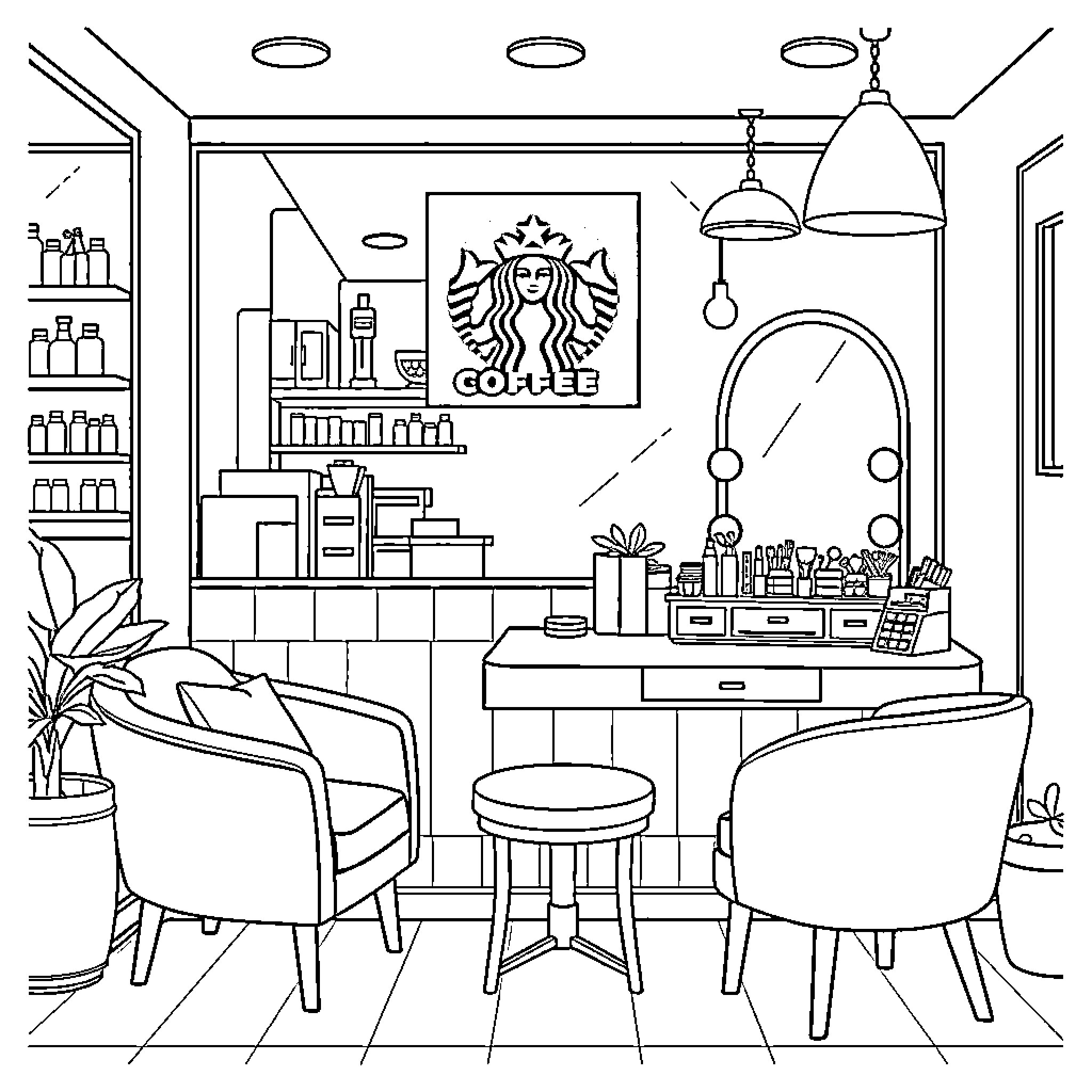 Vanity of a Cafe Setting with Decor and Furnishings Coloring Page (free black-and-white line drawing printable PDF for all, from beginners to advanced learners, including children, teens, adults, and seniors)