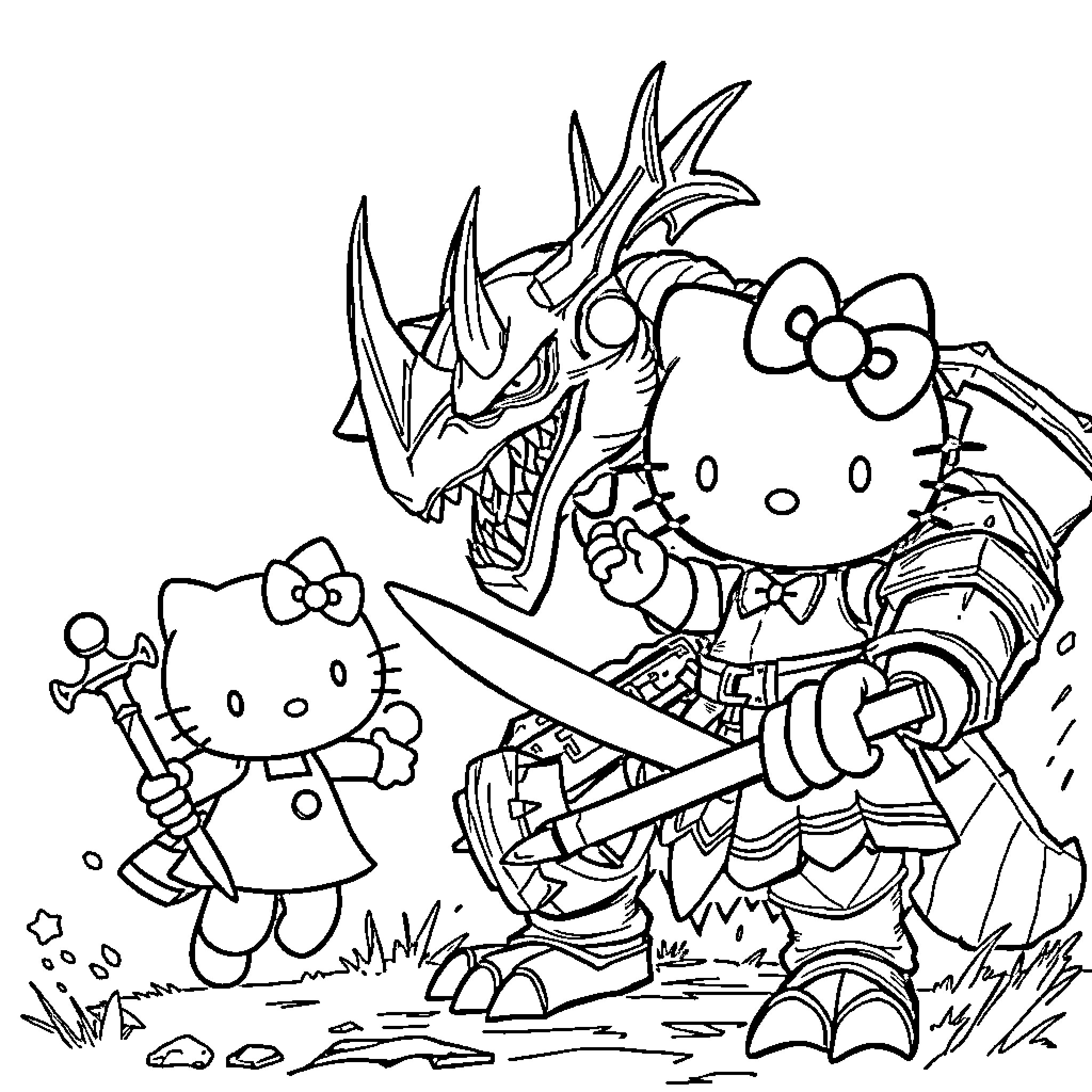 Huntrex Friends Face Dangerous Foe in Epic Battle Coloring Page (free black-and-white line drawing printable PDF for all, from beginners to advanced learners, including children, teens, adults, and seniors)