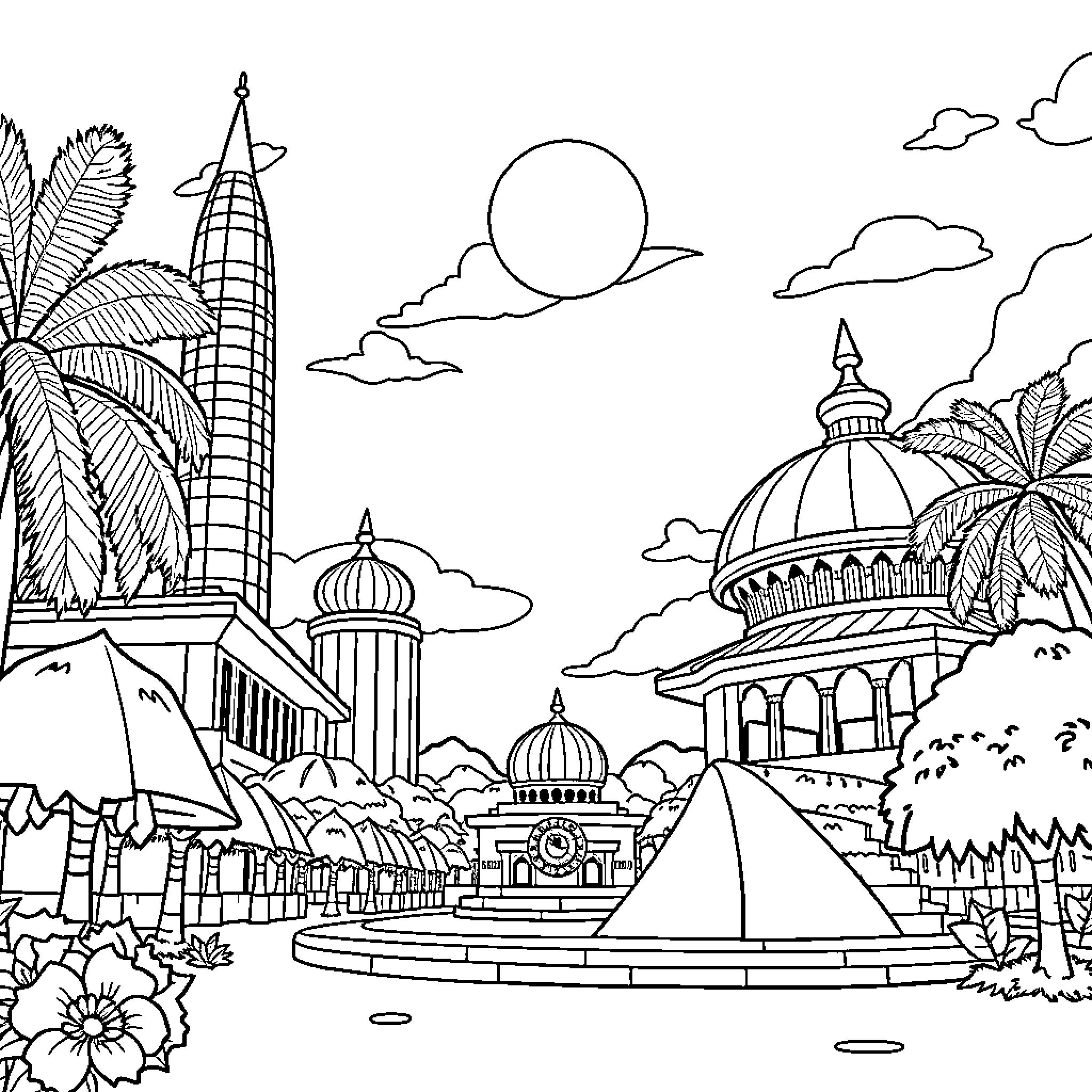 Flag Cityscape with Vibrant Architecture and Nature Coloring Page (free black-and-white line drawing printable PDF for all, from beginners to advanced learners, including children, teens, adults, and seniors)
