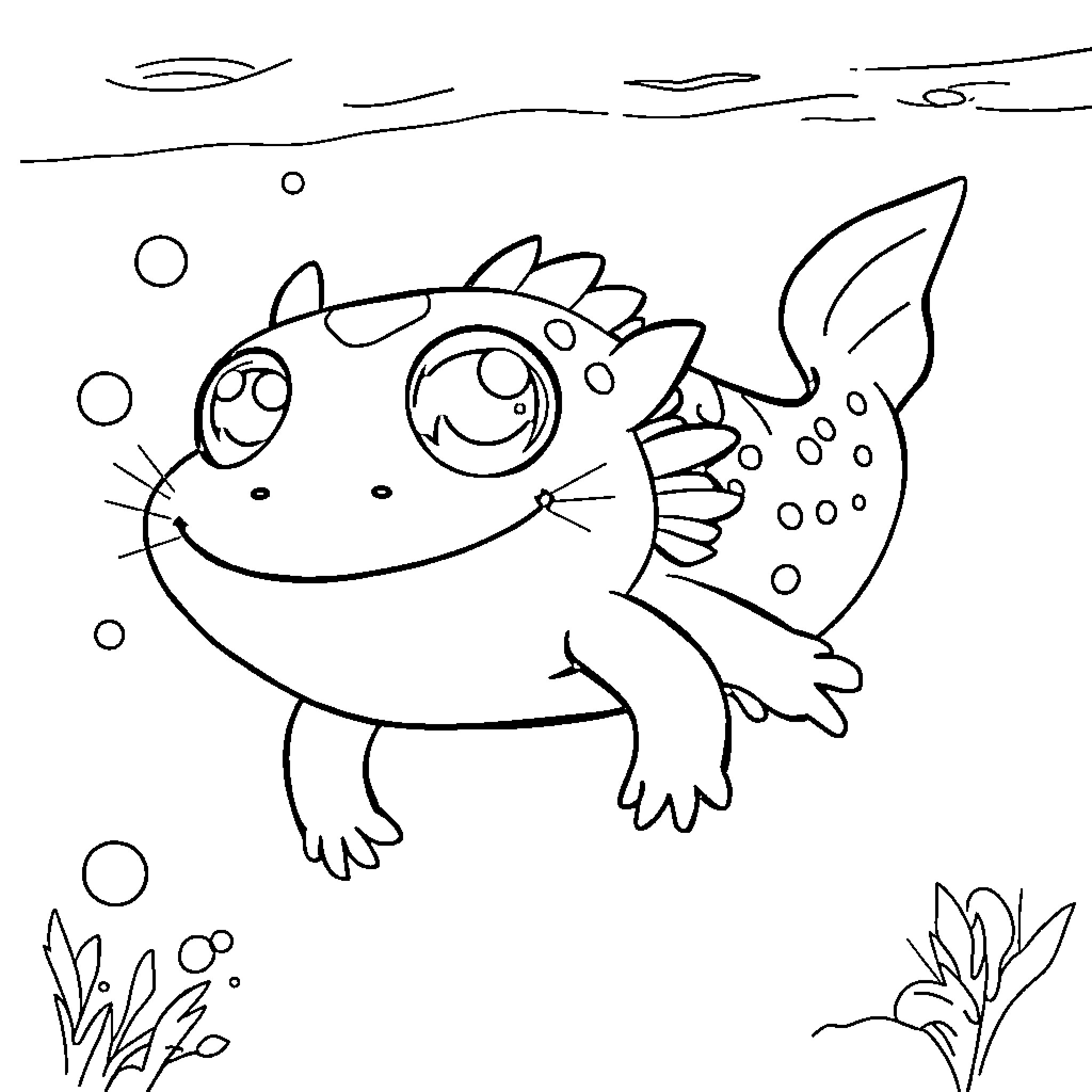 Axolotl swimming playfully underwater Coloring Page (free black-and-white line drawing printable PDF for all, from beginners to advanced learners, including children, teens, adults, and seniors)