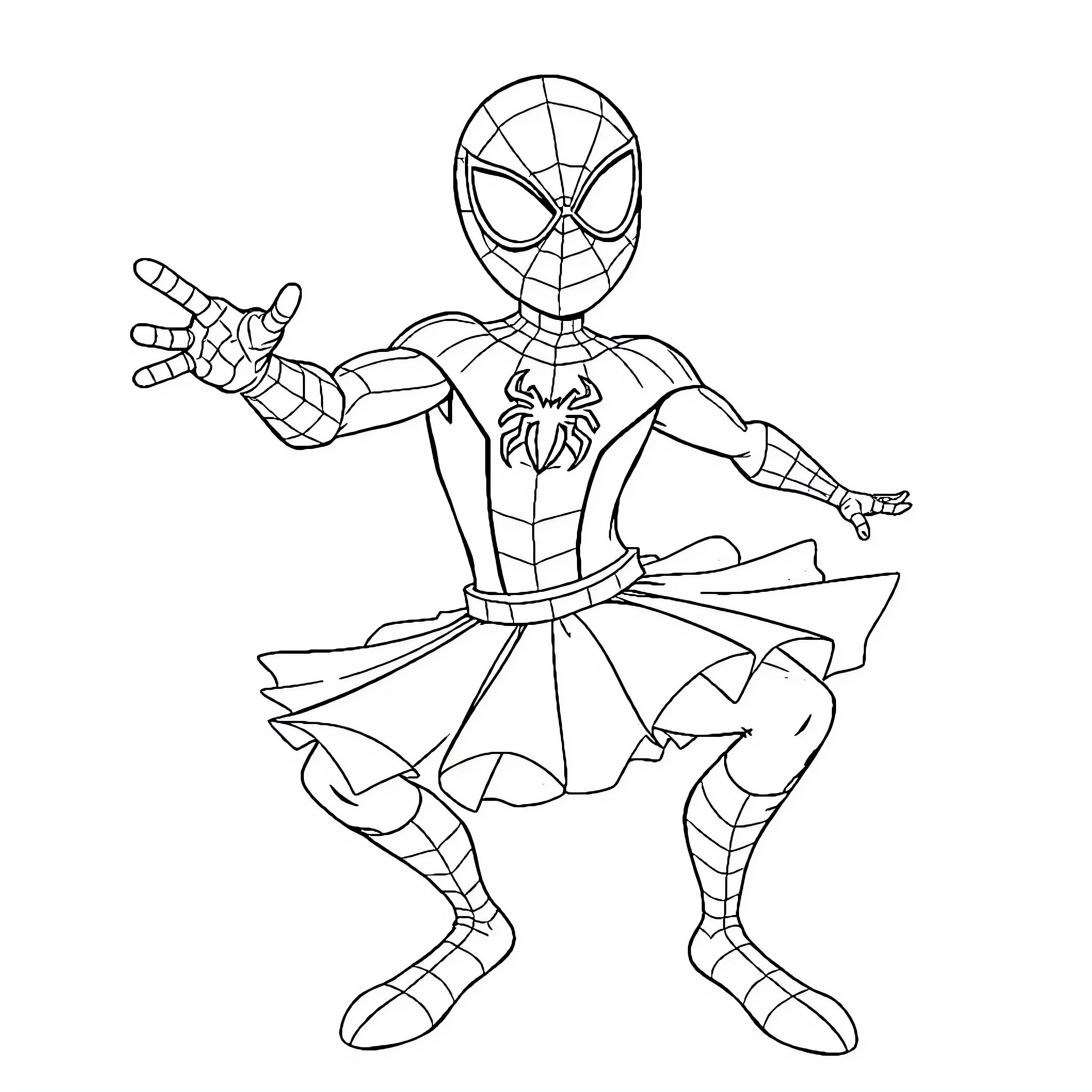 Spiderman posing heroically in costume Coloring Page (free black-and-white line drawing printable PDF for all, from beginners to advanced learners, including children, teens, adults, and seniors)