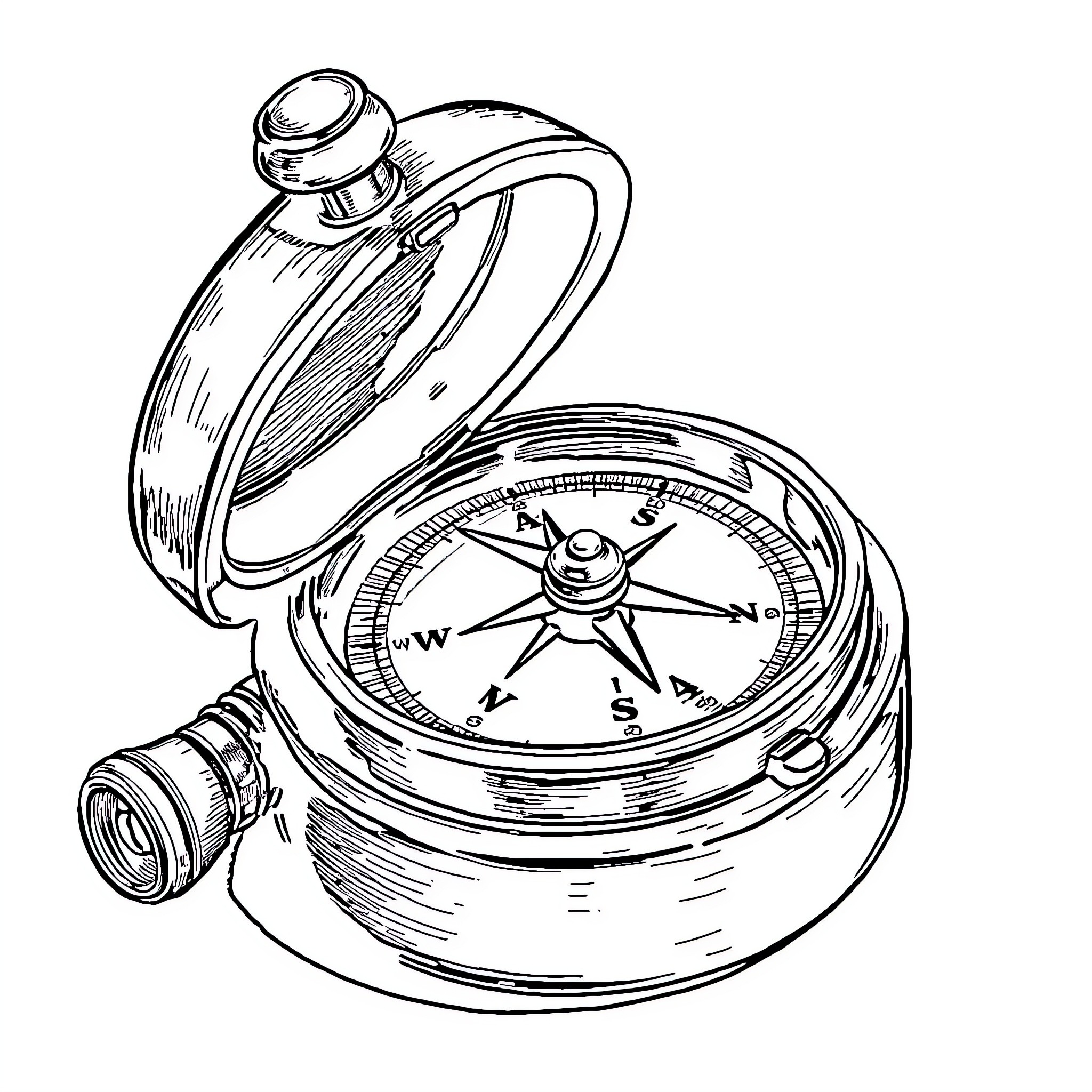 Compass with Magnifying Glass and Navigational Tools Coloring Page (free black-and-white line drawing printable PDF for all, from beginners to advanced learners, including children, teens, adults, and seniors)