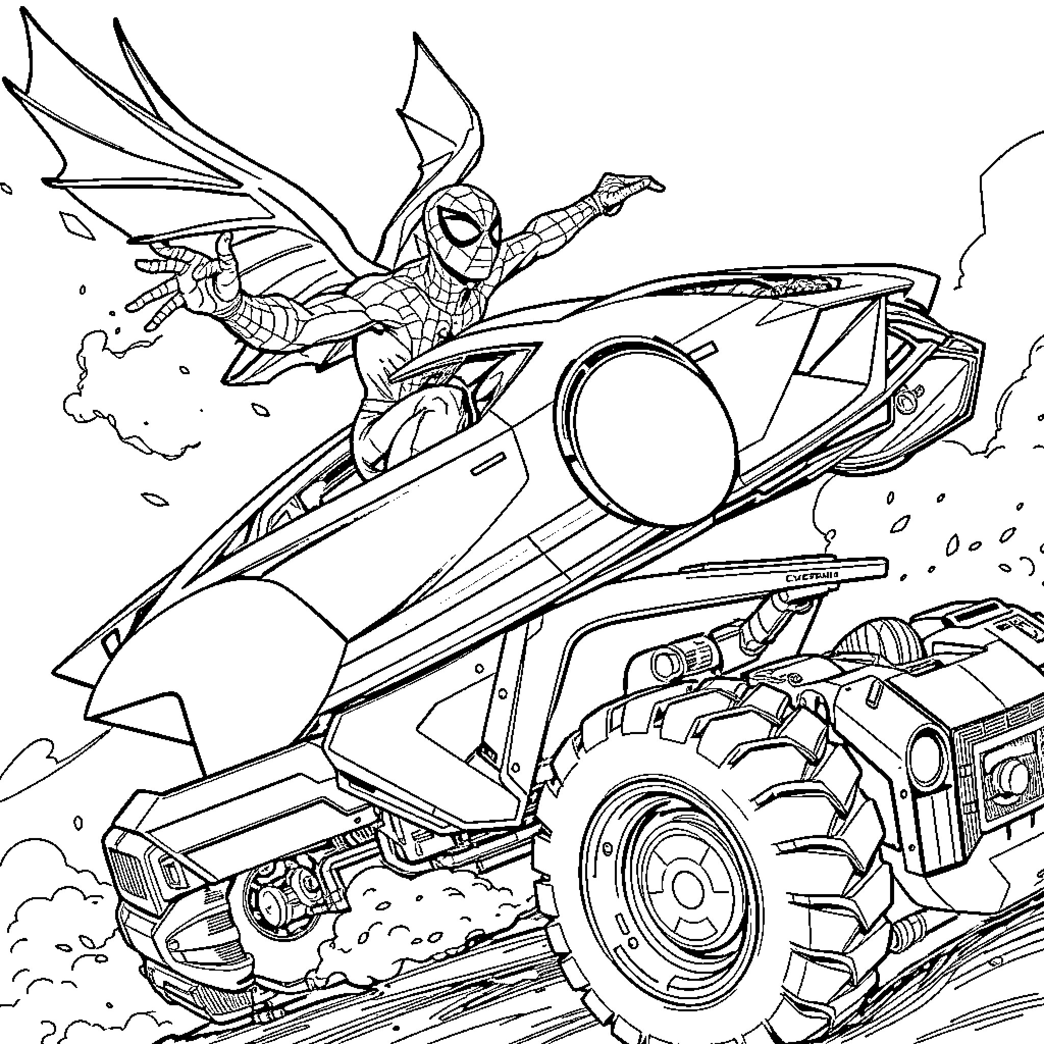 Spiderman swinging through the air on his web Coloring Page (free black-and-white line drawing printable PDF for all, from beginners to advanced learners, including children, teens, adults, and seniors)