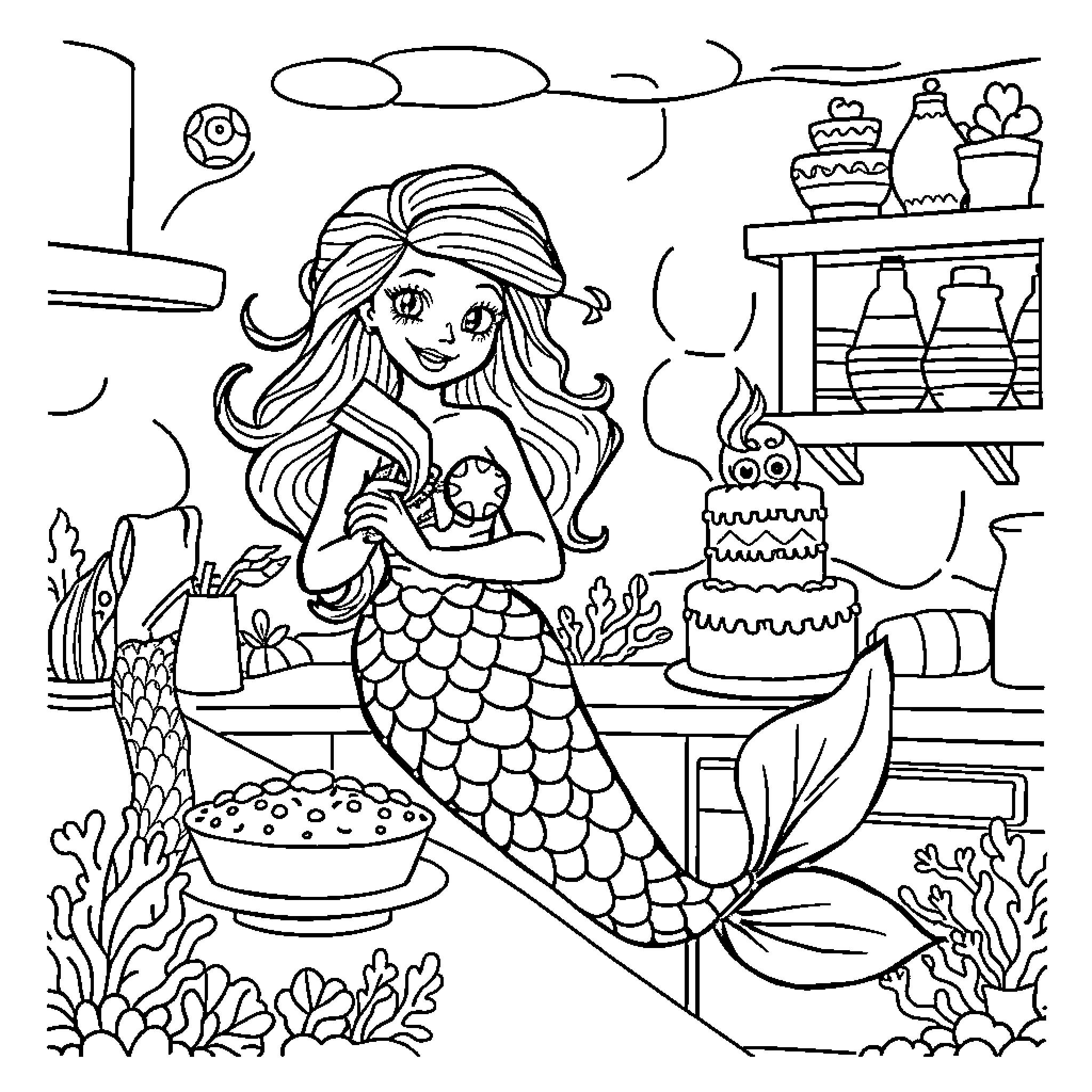 Mermaid making cake in her underwater kitchen Coloring Page (free black-and-white line drawing printable PDF for all, from beginners to advanced learners, including children, teens, adults, and seniors)