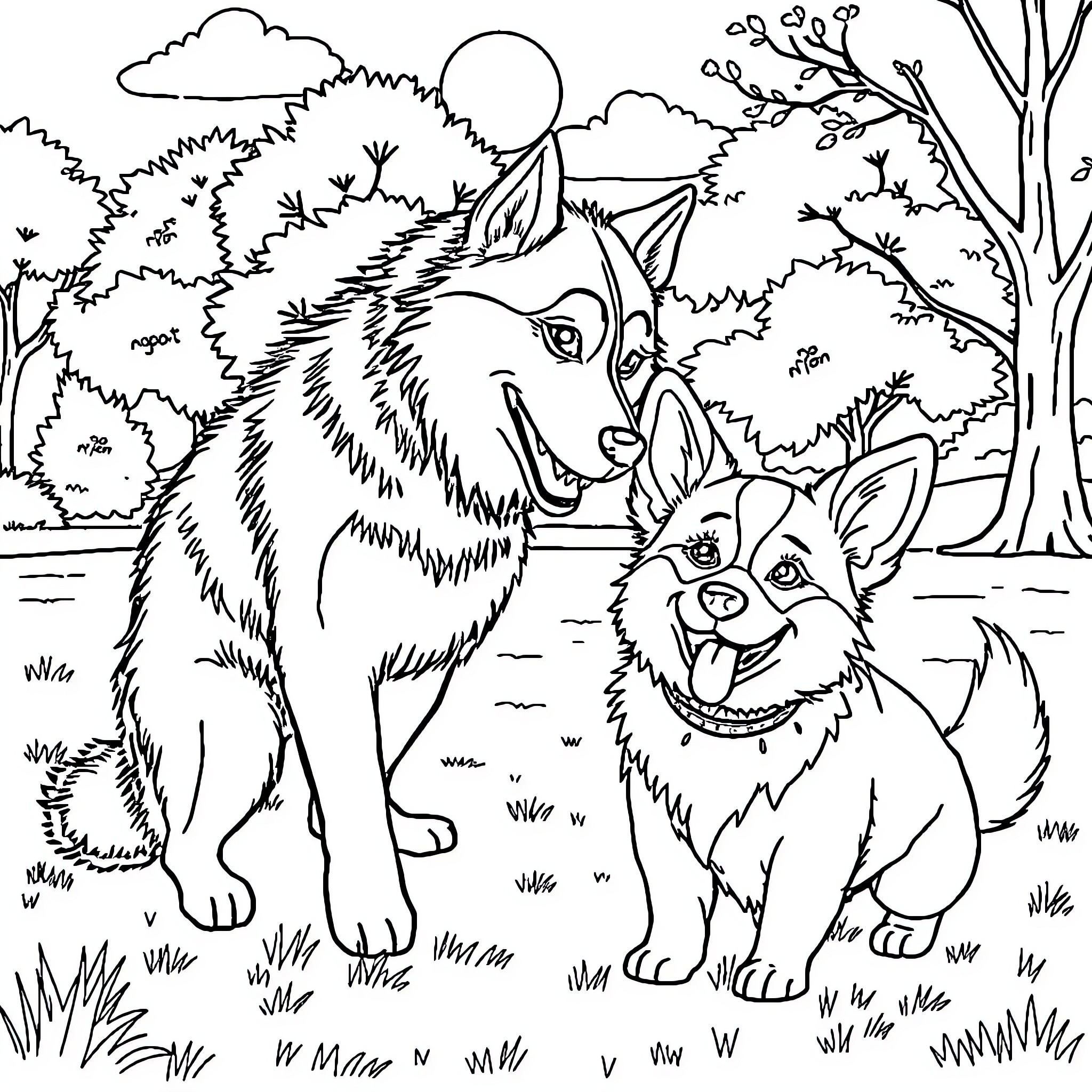 Husky pups enjoying the outdoors Coloring Page (free black-and-white line drawing printable PDF for all, from beginners to advanced learners, including children, teens, adults, and seniors)