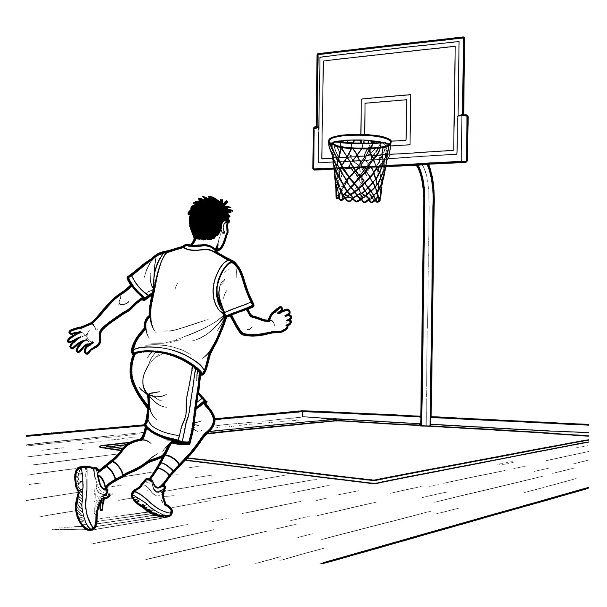Powersoccer player shooting basketball on court Coloring Page (free black-and-white line drawing printable PDF for all, from beginners to advanced learners, including children, teens, adults, and seniors)