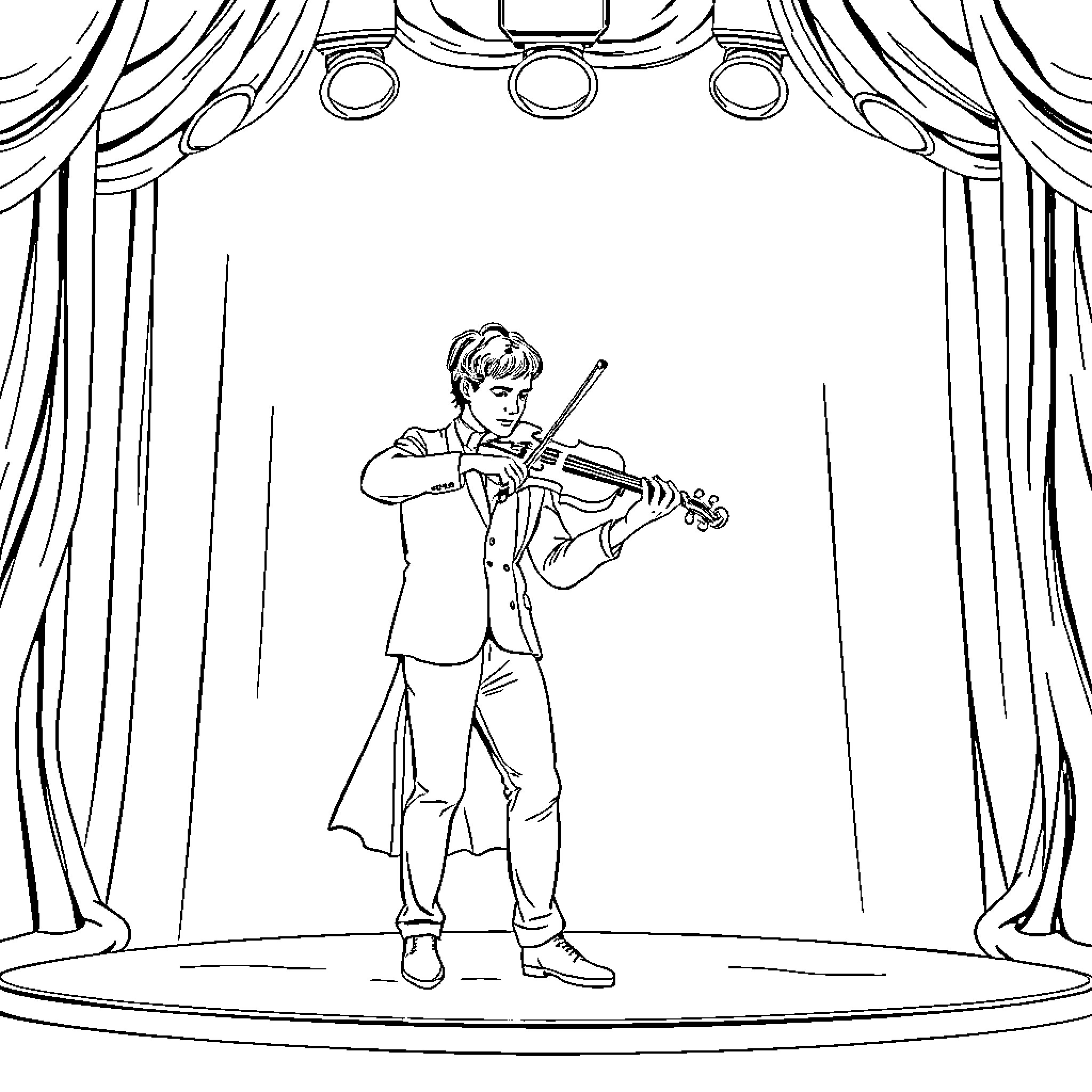 Miraculous Violin Performance on the Stage Coloring Page (free black-and-white line drawing printable PDF for all, from beginners to advanced learners, including children, teens, adults, and seniors)