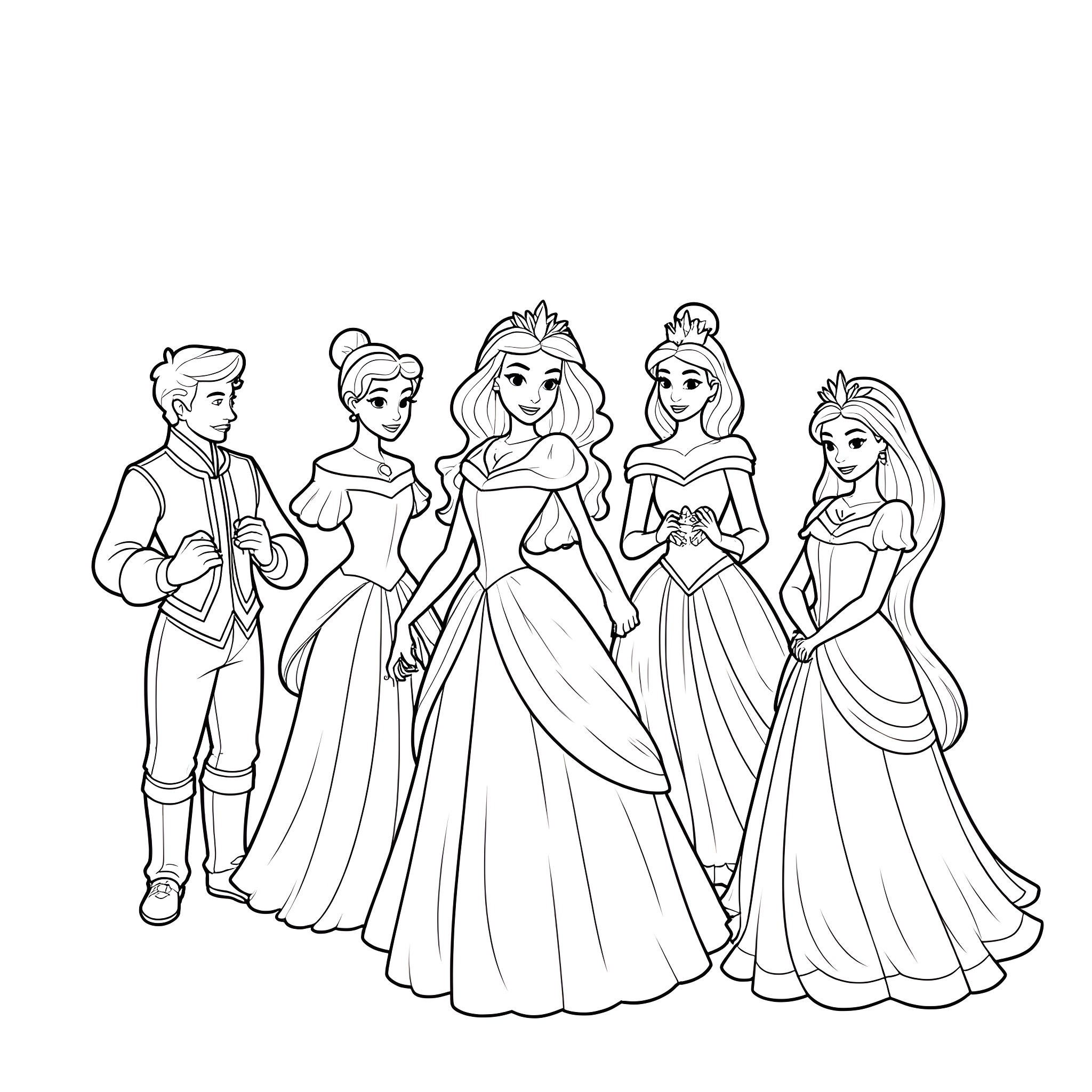 Princess Enjoying an Evening with Friends Coloring Page (free black-and-white line drawing printable PDF for all, from beginners to advanced learners, including children, teens, adults, and seniors)