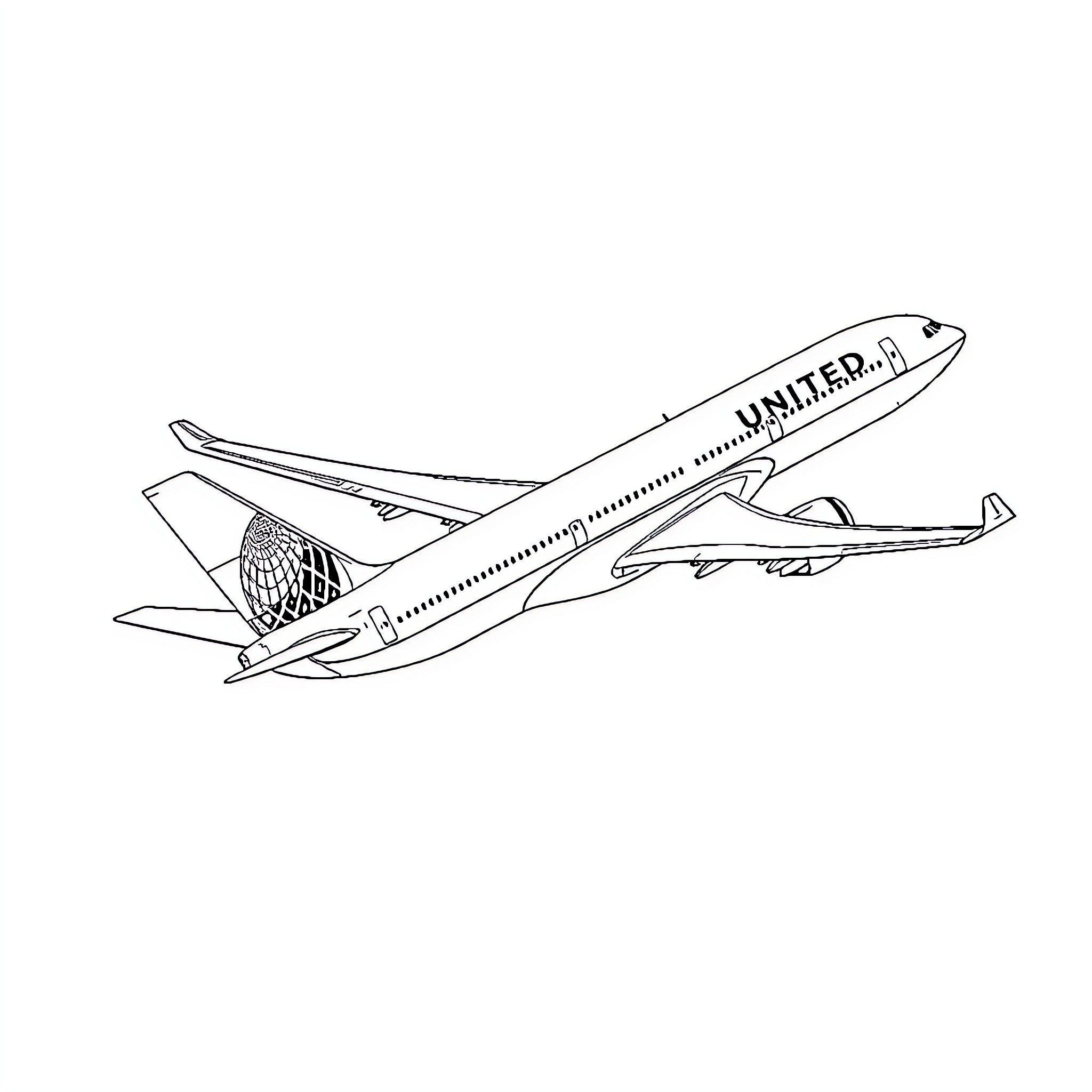 Airplane taking off in flight Coloring Page (free black-and-white line drawing printable PDF for all, from beginners to advanced learners, including children, teens, adults, and seniors)