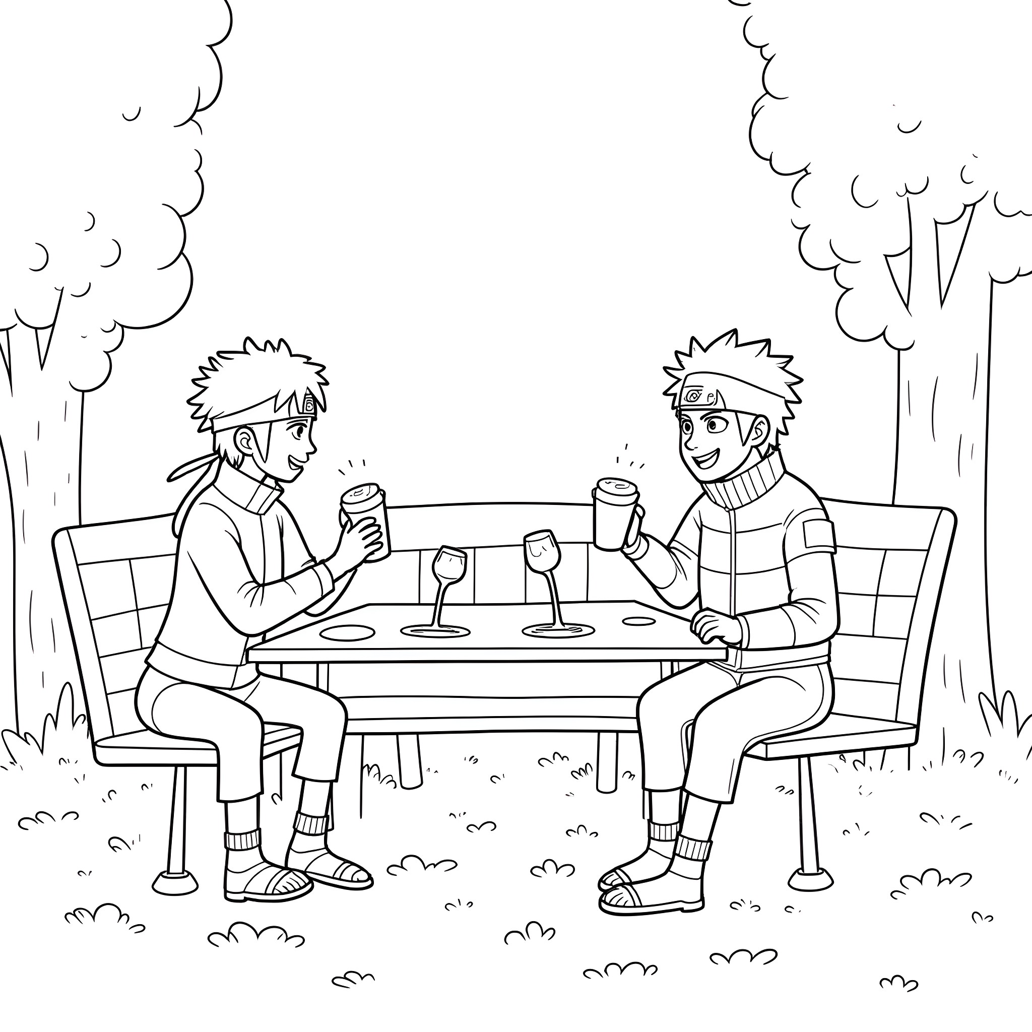 Naruto characters enjoying drinks in the park Coloring Page (free black-and-white line drawing printable PDF for all, from beginners to advanced learners, including children, teens, adults, and seniors)