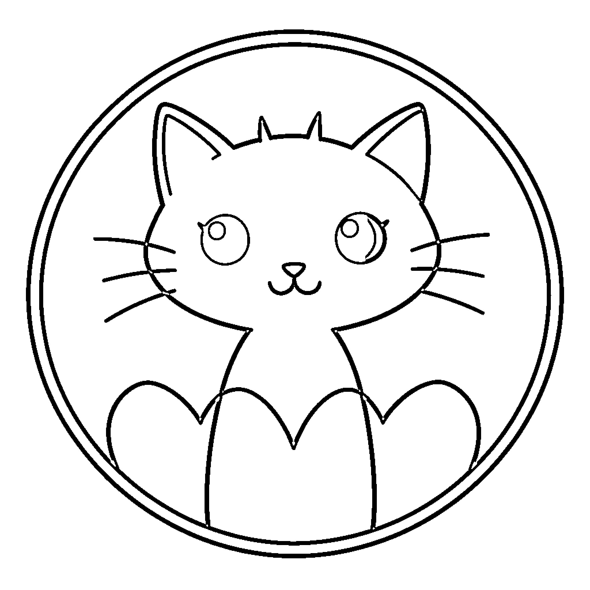 Cat in a circular frame Coloring Page (free black-and-white line drawing printable PDF for all, from beginners to advanced learners, including children, teens, adults, and seniors)