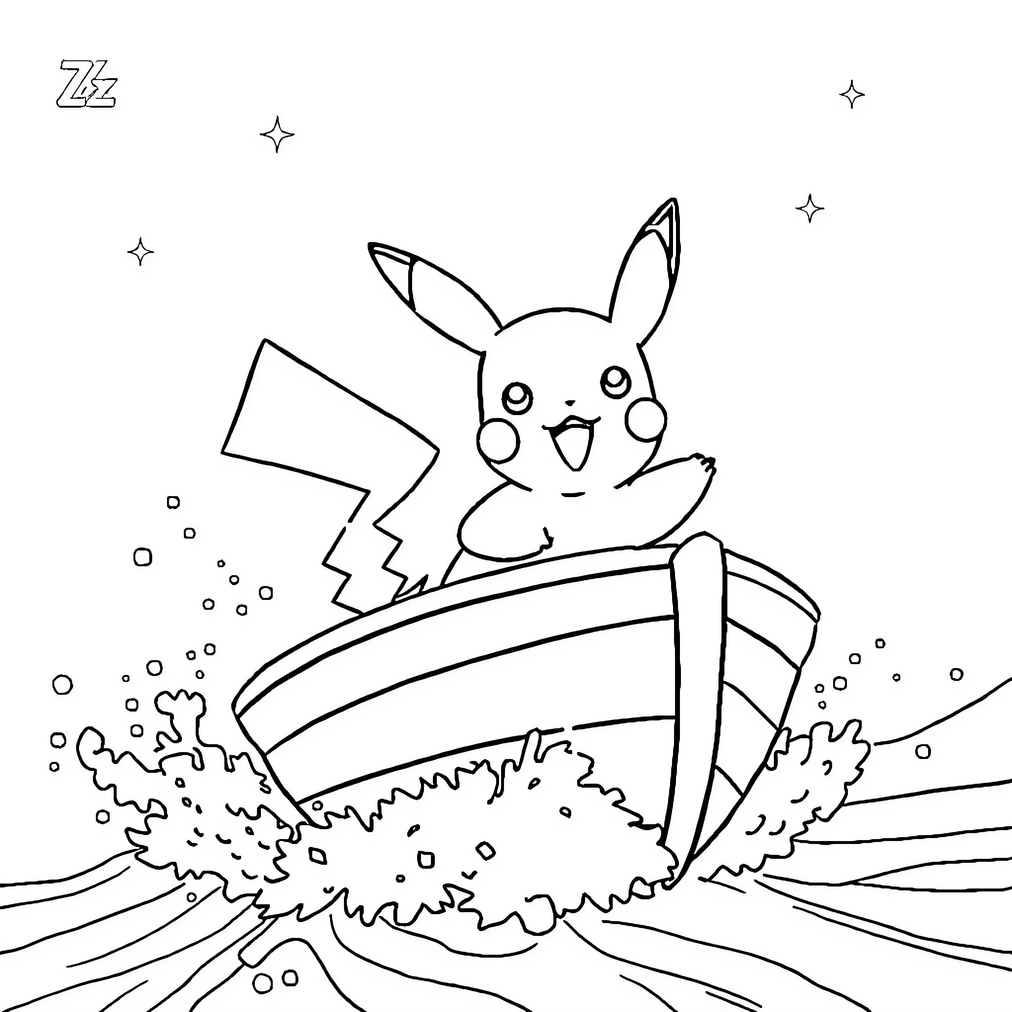 Pikachu enjoying a magical boat ride at night Coloring Page (free black-and-white line drawing printable PDF for all, from beginners to advanced learners, including children, teens, adults, and seniors)