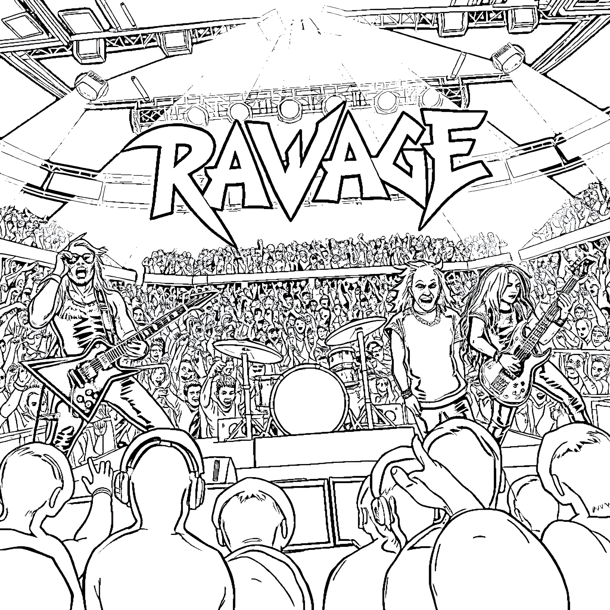 Band performing on stage with energetic crowd Coloring Page (free black-and-white line drawing printable PDF for all, from beginners to advanced learners, including children, teens, adults, and seniors)